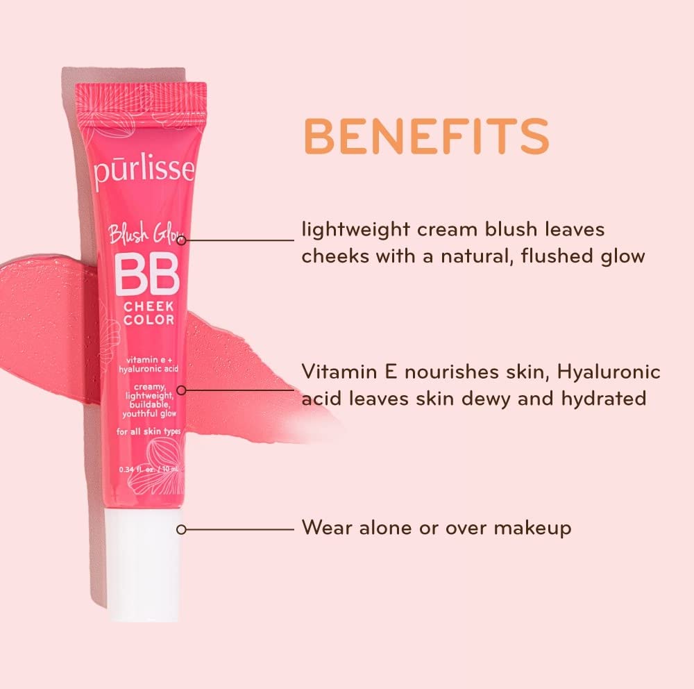 pūrlisse Blush Glow BB Cheek Color - Dewy Liquid Cream Blush with Vitamin E & Hyaluronic Acid (Cool Mauve, 0.34 oz)