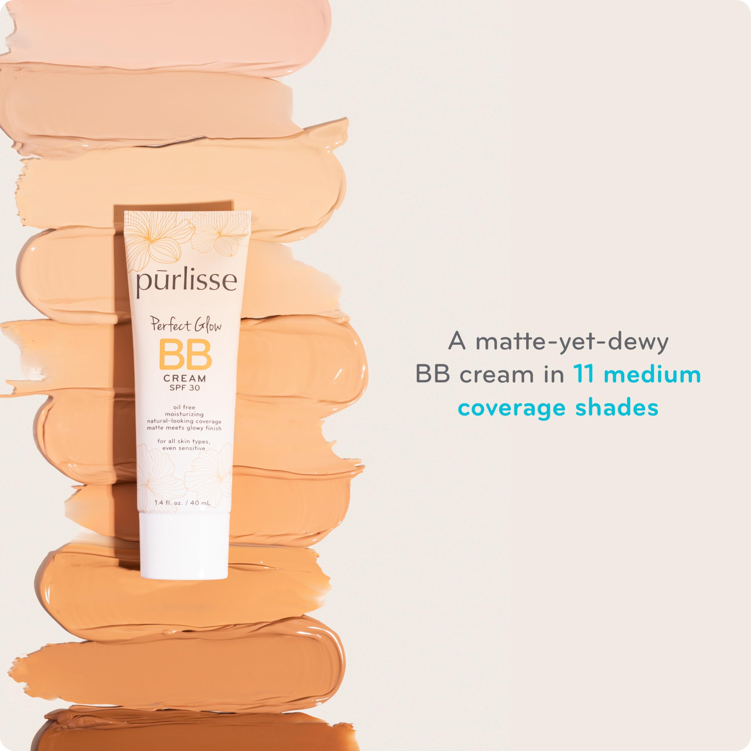 pūrlisse Perfect Glow BB Cream SPF 30 – Matte to Dewy Finish, Goji & Hawthorn Berry, Medium Tan, 1.4 oz
