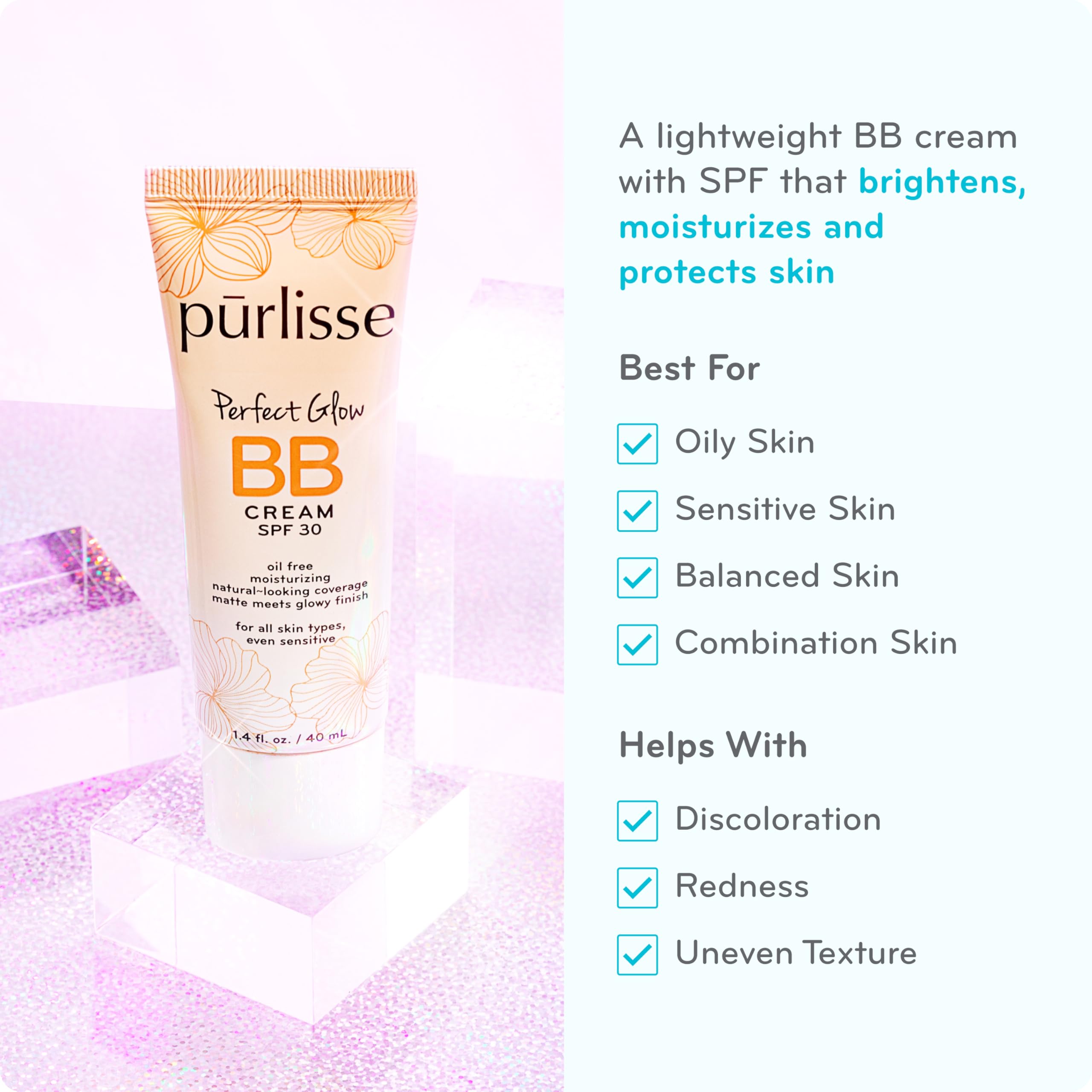 pūrlisse Perfect Glow BB Cream SPF 30 – Matte to Dewy Finish, Goji & Hawthorn Berry, Medium Tan, 1.4 oz
