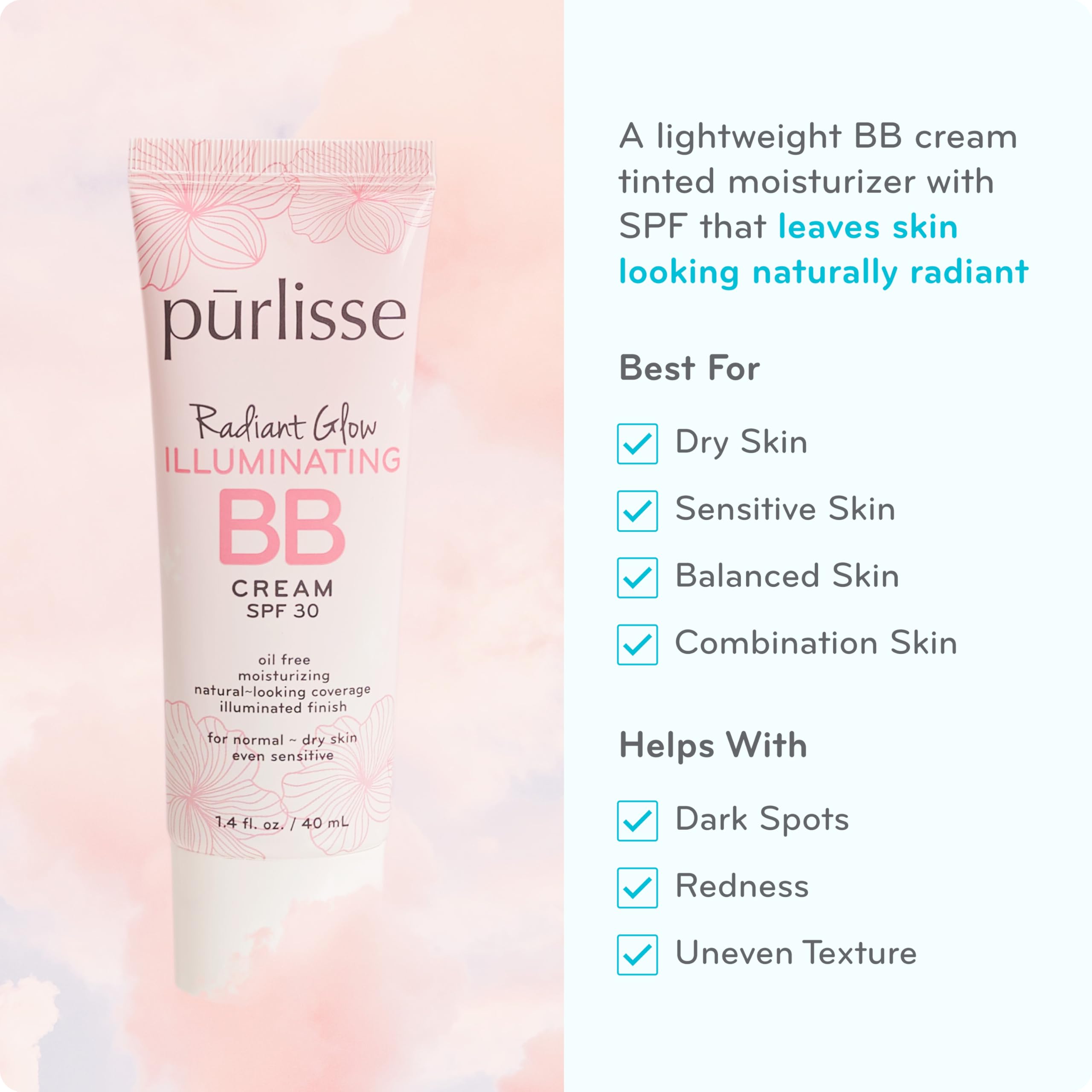 pūrlisse Radiant Glow Illuminating BB Cream SPF 30 — Dewy Finish with Goji & Hawthorn Berry (Light)