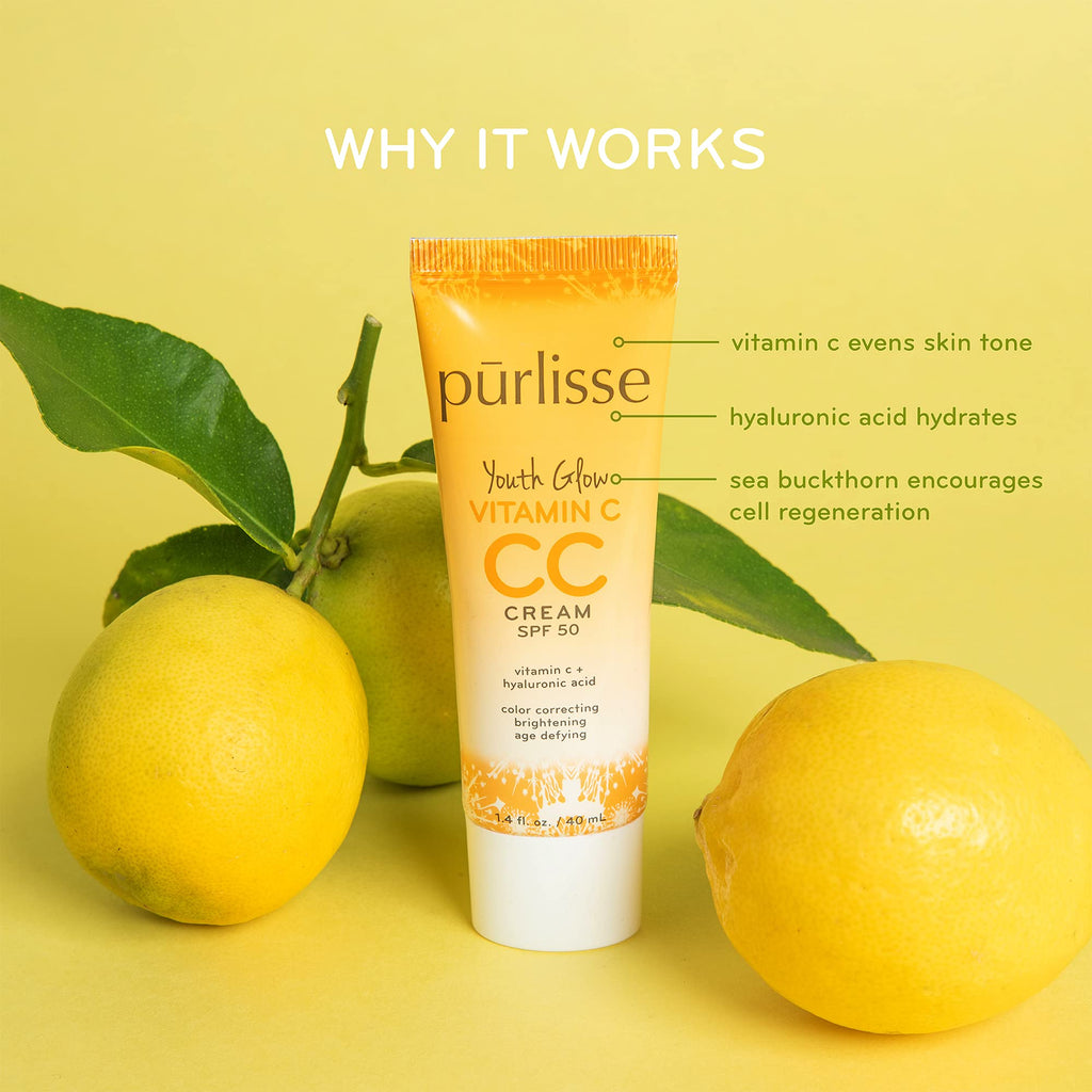 purlisse Youth Glow Vitamin C CC Cream with SPF 50 – Sea Buckthorn, Hyaluronic Acid & Vitamin C | Light Medium (1.4 oz) | Paraben-Free
