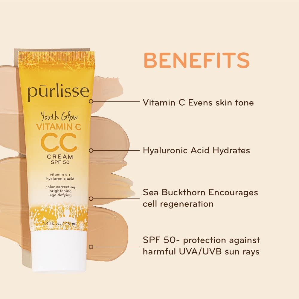 purlisse Youth Glow Vitamin C CC Cream with SPF 50 – Sea Buckthorn, Hyaluronic Acid & Vitamin C | Light Medium (1.4 oz) | Paraben-Free