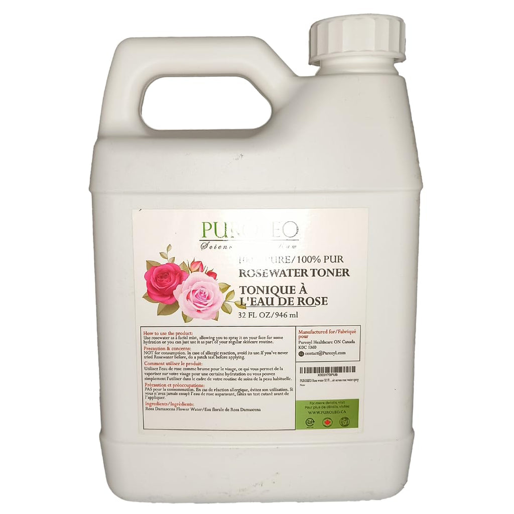 PURÓLEO Rose Water 32oz / 946ml – Pure & Natural Facial Mist, Toner, and Makeup Setting Spray | Packed in Canada