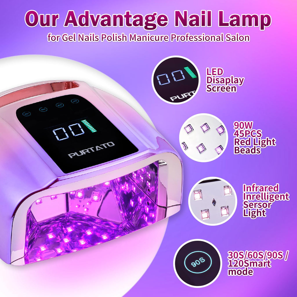 Purtato Professional Rechargeable 96W UV LED Nail Lamp – Cordless, 4 Timers, Smart Sensor, Gradient Purple