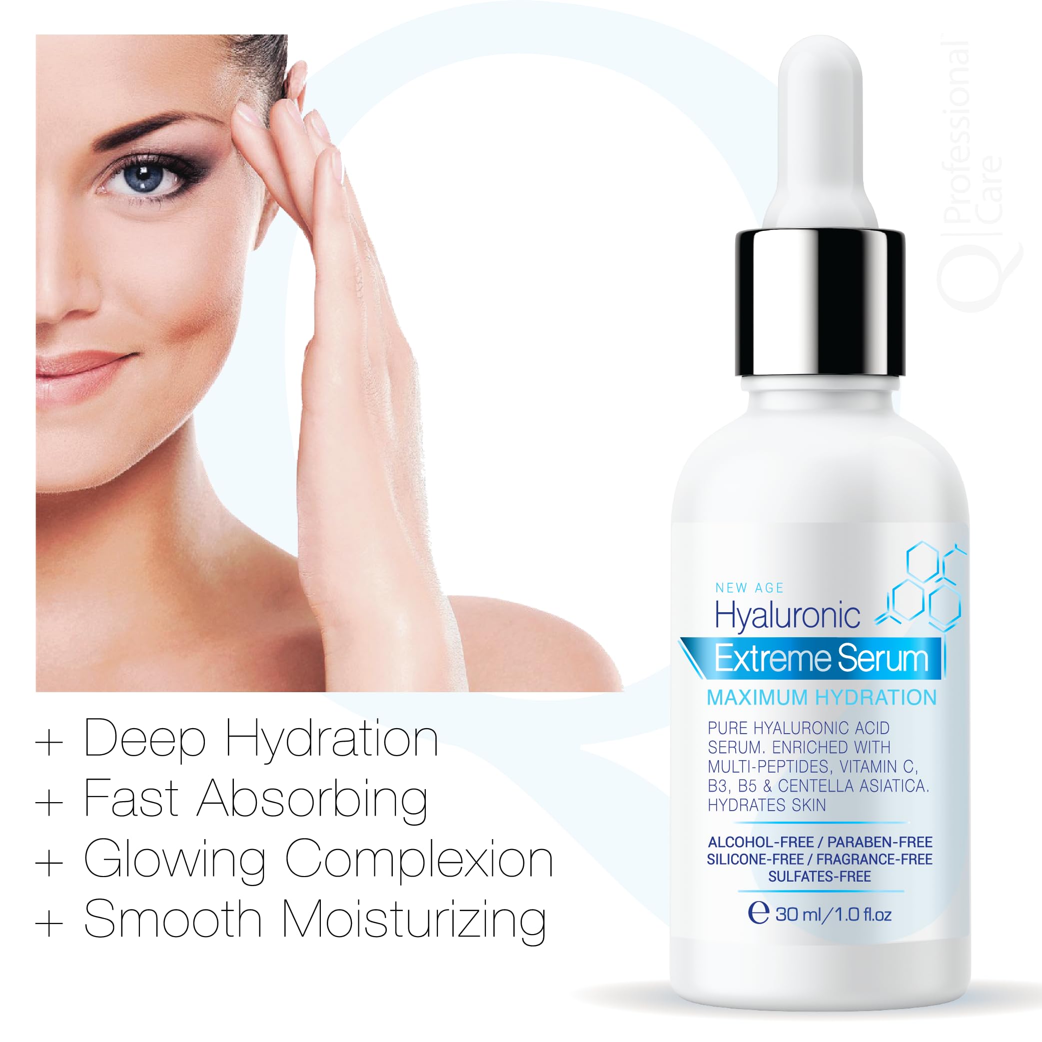 Q|Professional Care Serum for Face – Hyaluronic Acid, Vitamin C & Peptides | Alcohol-Free, Fragrance-Free