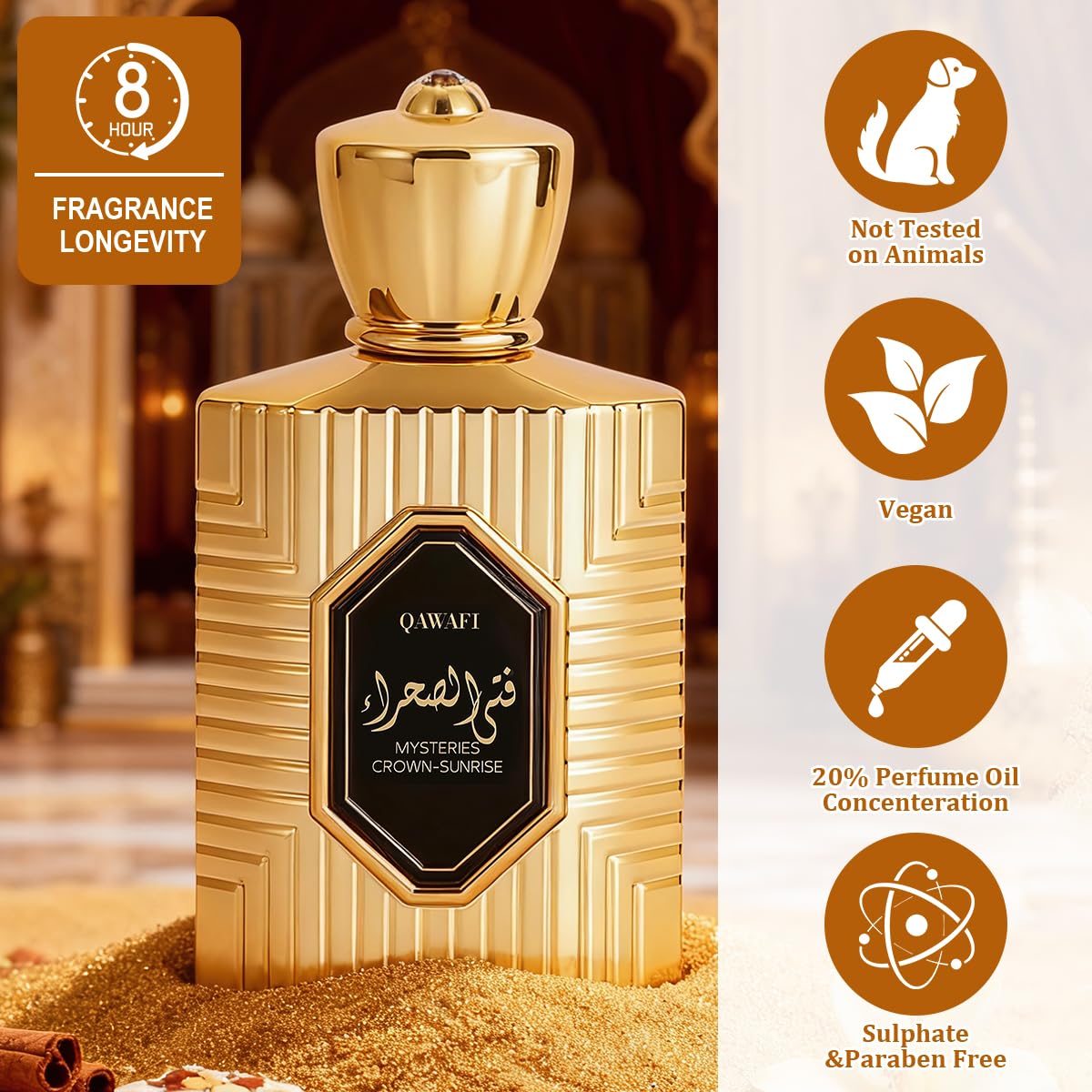 QAWAFI Mysteries Crown Sunrise EDP – Long-Lasting Spicy Amber Vanilla (Unisex) 100ml