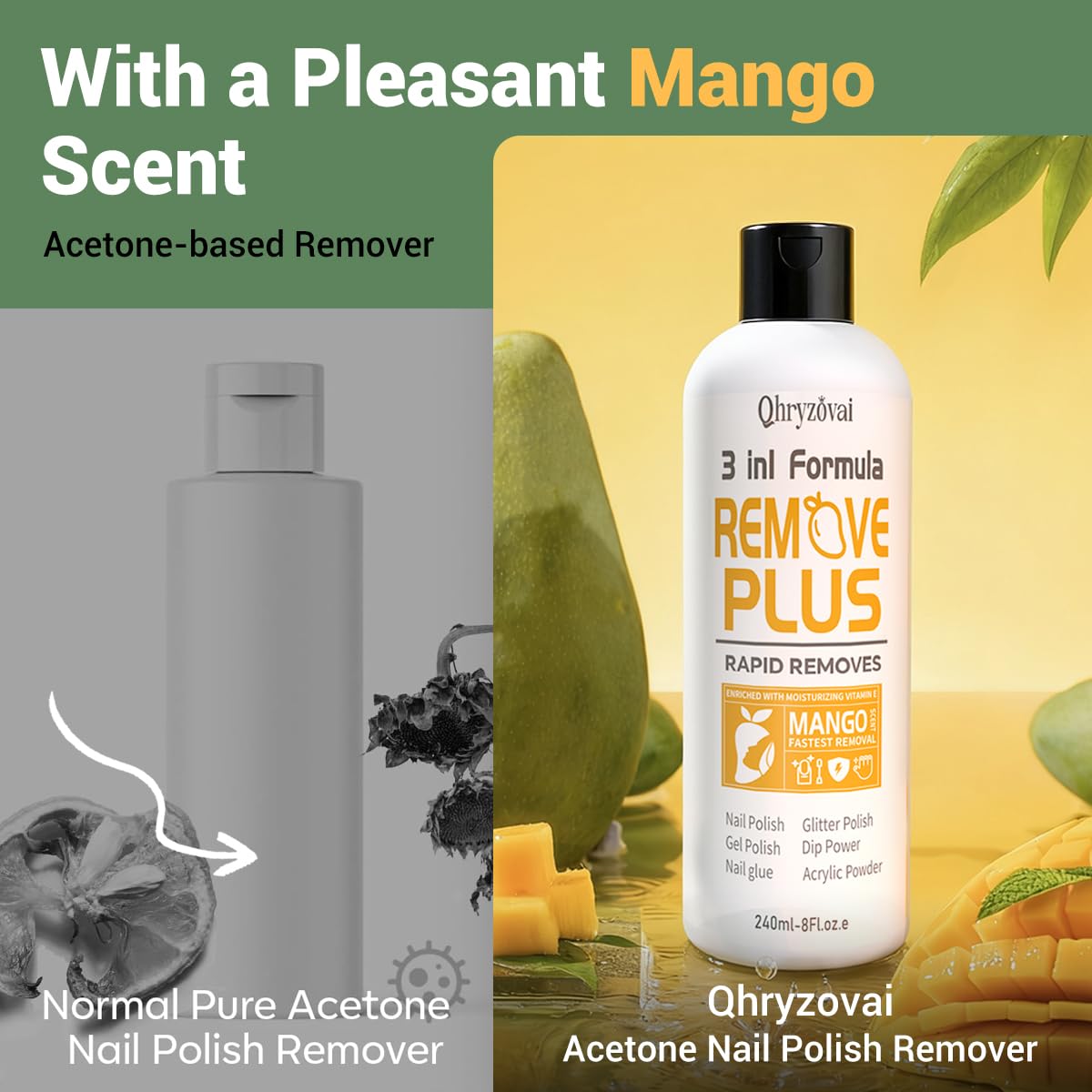 Qhryzoval Acetone Nail Polish Remover – 8 oz Mango Oil, 3-in-1 Gel Polish & Acrylic Remover