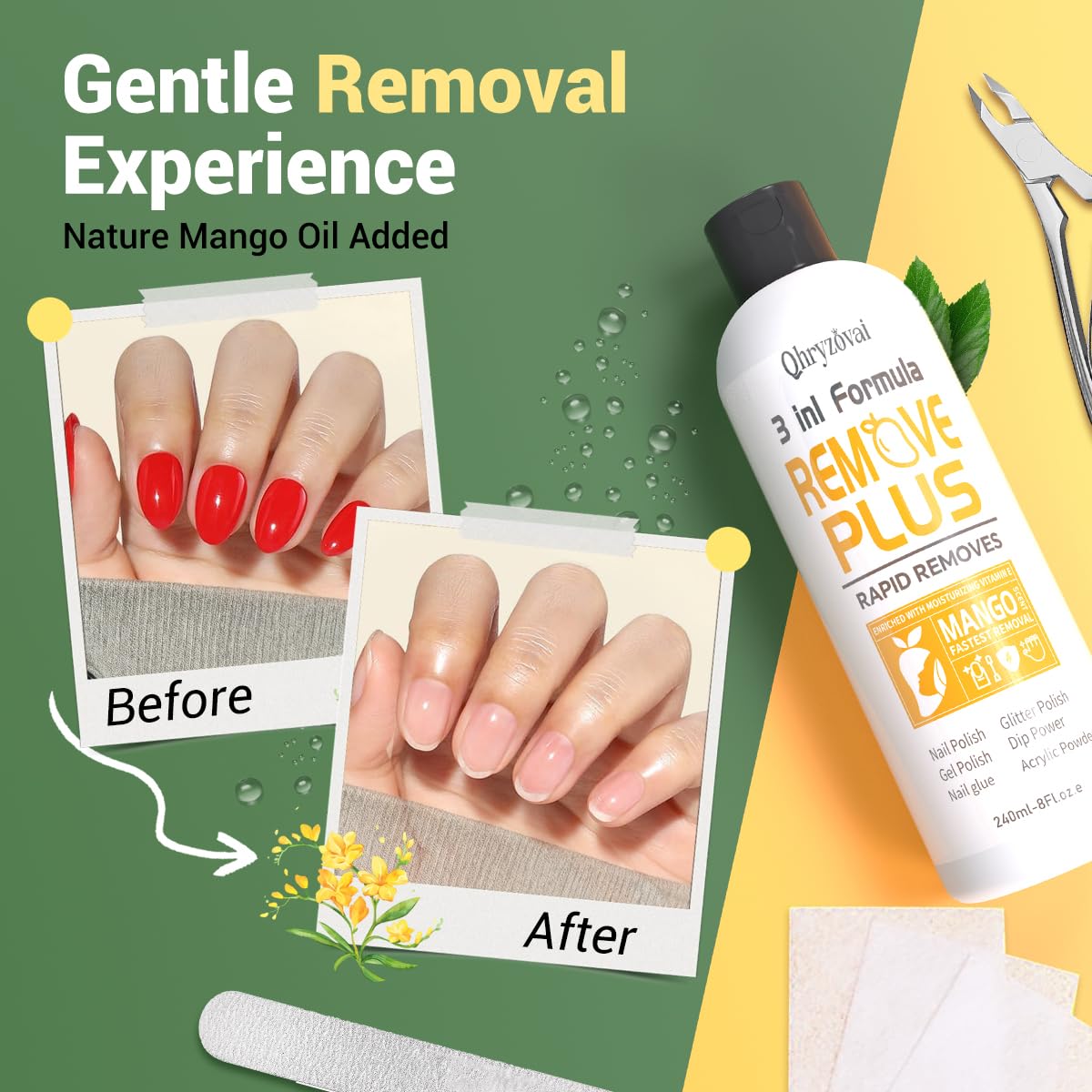 Qhryzoval Acetone Nail Polish Remover – 8 oz Mango Oil, 3-in-1 Gel Polish & Acrylic Remover