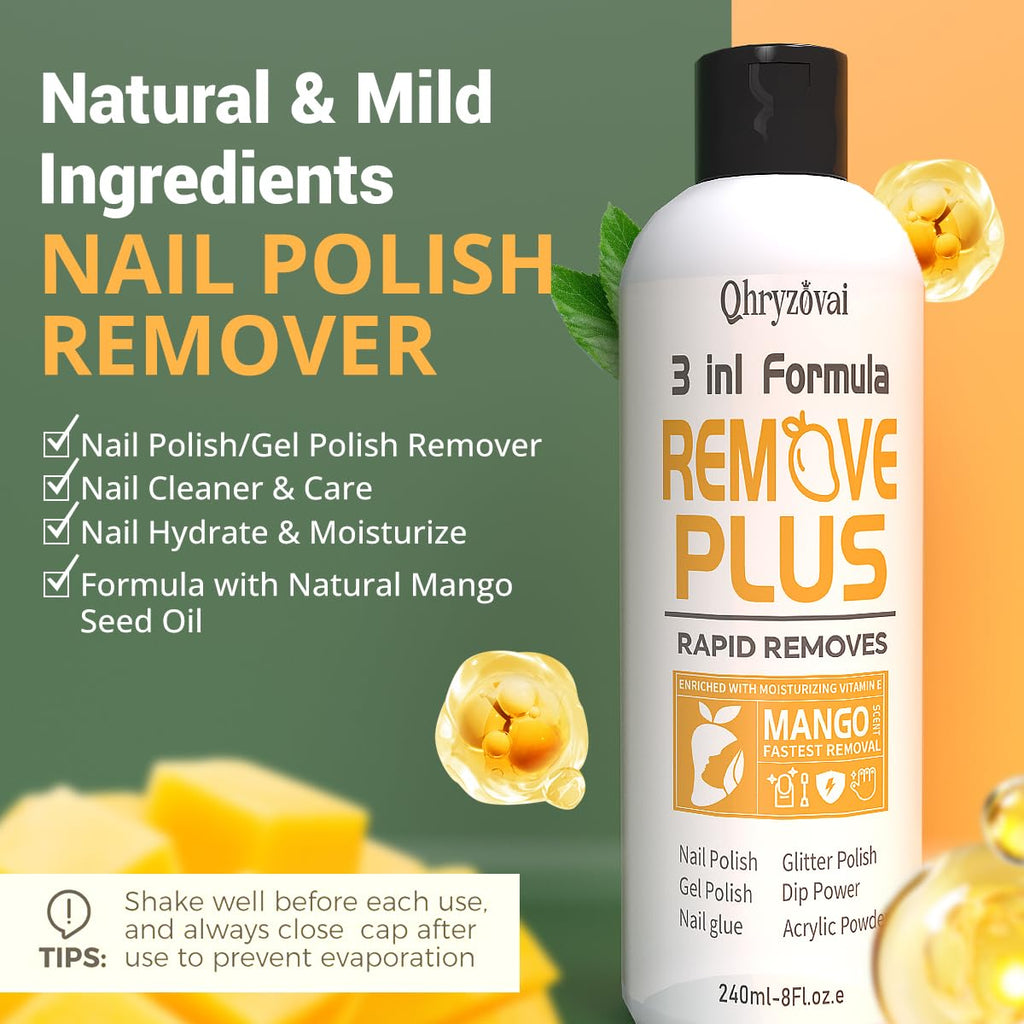 Qhryzoval Acetone Nail Polish Remover – 8 oz Mango Oil, 3-in-1 Gel Polish & Acrylic Remover