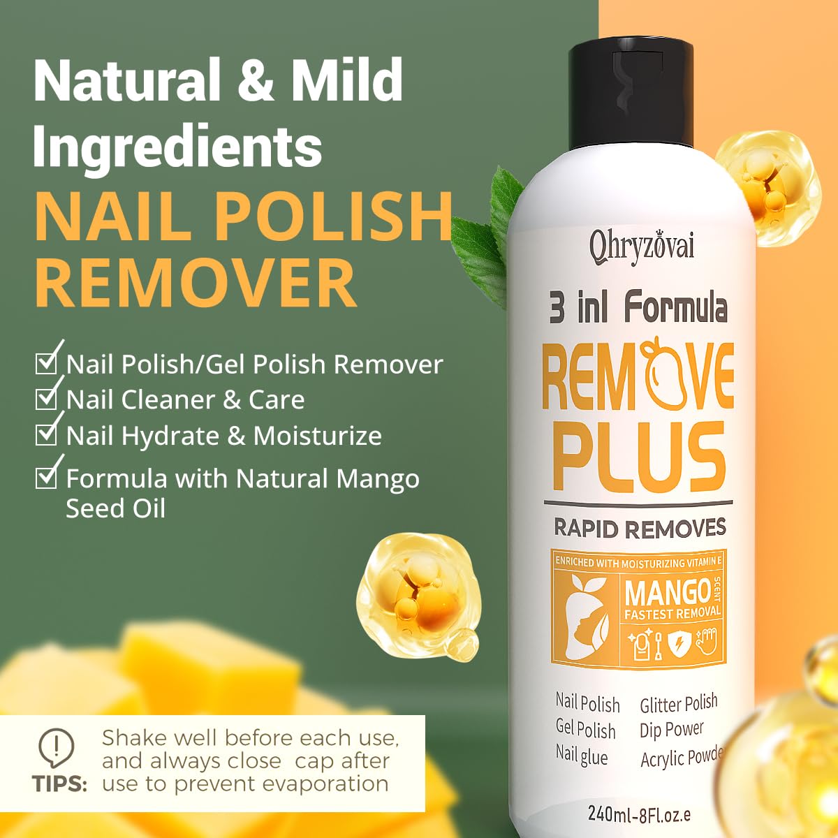 Qhryzoval Acetone Nail Polish Remover – 8 oz Mango Oil, 3-in-1 Gel Polish & Acrylic Remover