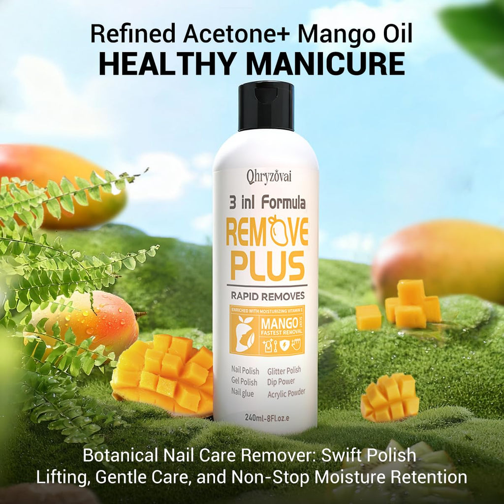 Qhryzoval Acetone Nail Polish Remover – 8 oz Mango Oil, 3-in-1 Gel Polish & Acrylic Remover