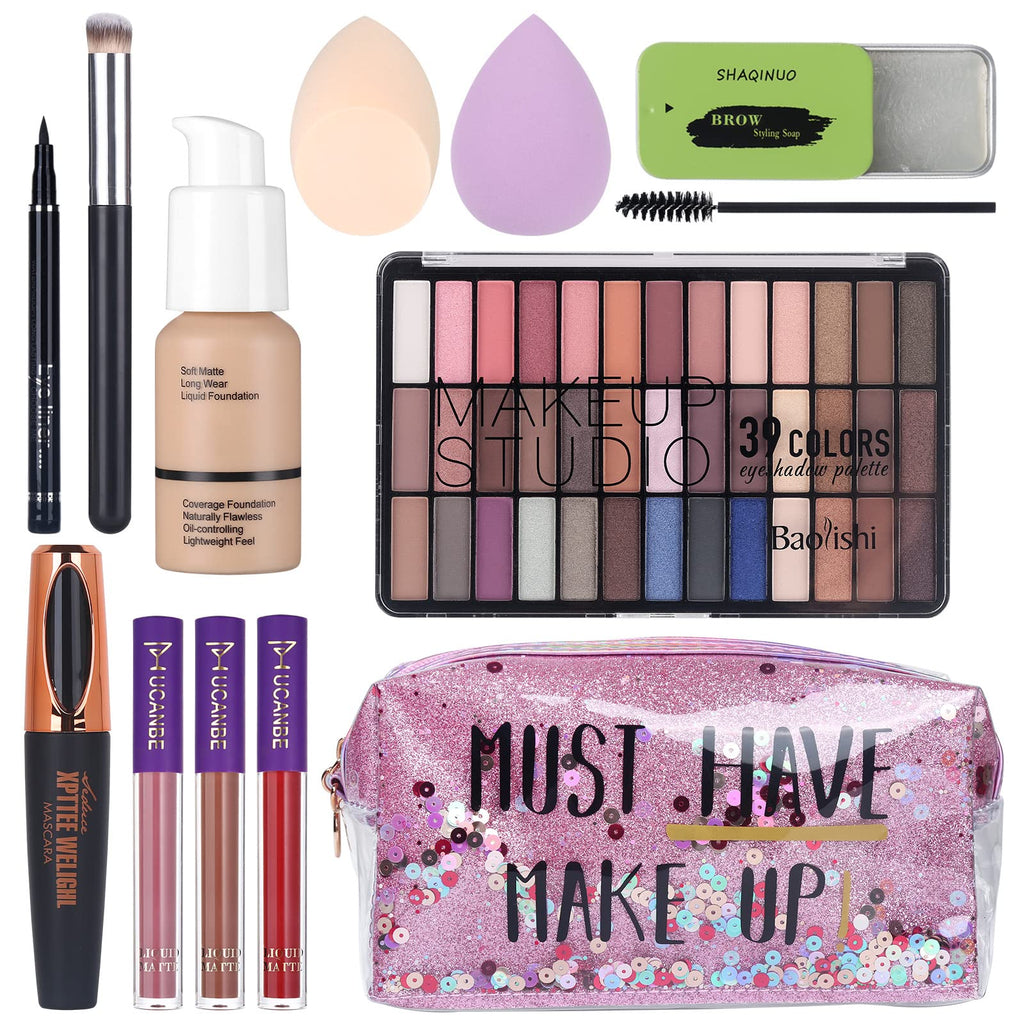 QiBest Makeup Set For Women Full Kit – 39-Color Nude Smokey Eyeshadow Palette, Foundation, Mascara & Lipstick Gift Set