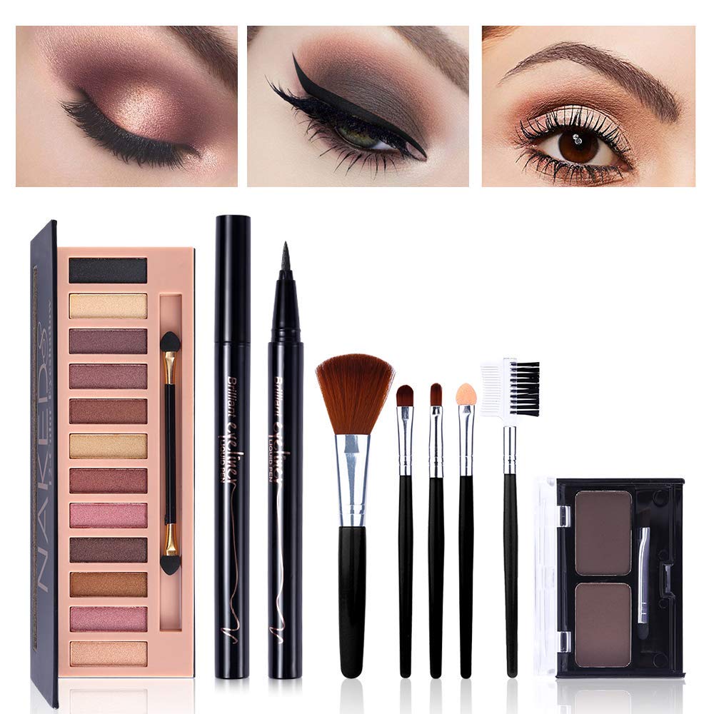 QiBest All-in-One Makeup Kit: 12-Nude Shadow Palette, Waterproof Eyeliner, Brow Powder & 5 Brushes