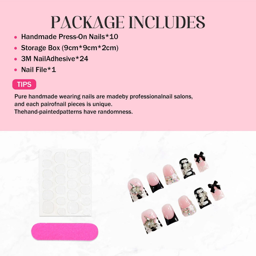 Qicaijia Handmade Duck Press On Nails – Black French Tip with 3D Bow Rhinestones (Medium, 10Pcs)