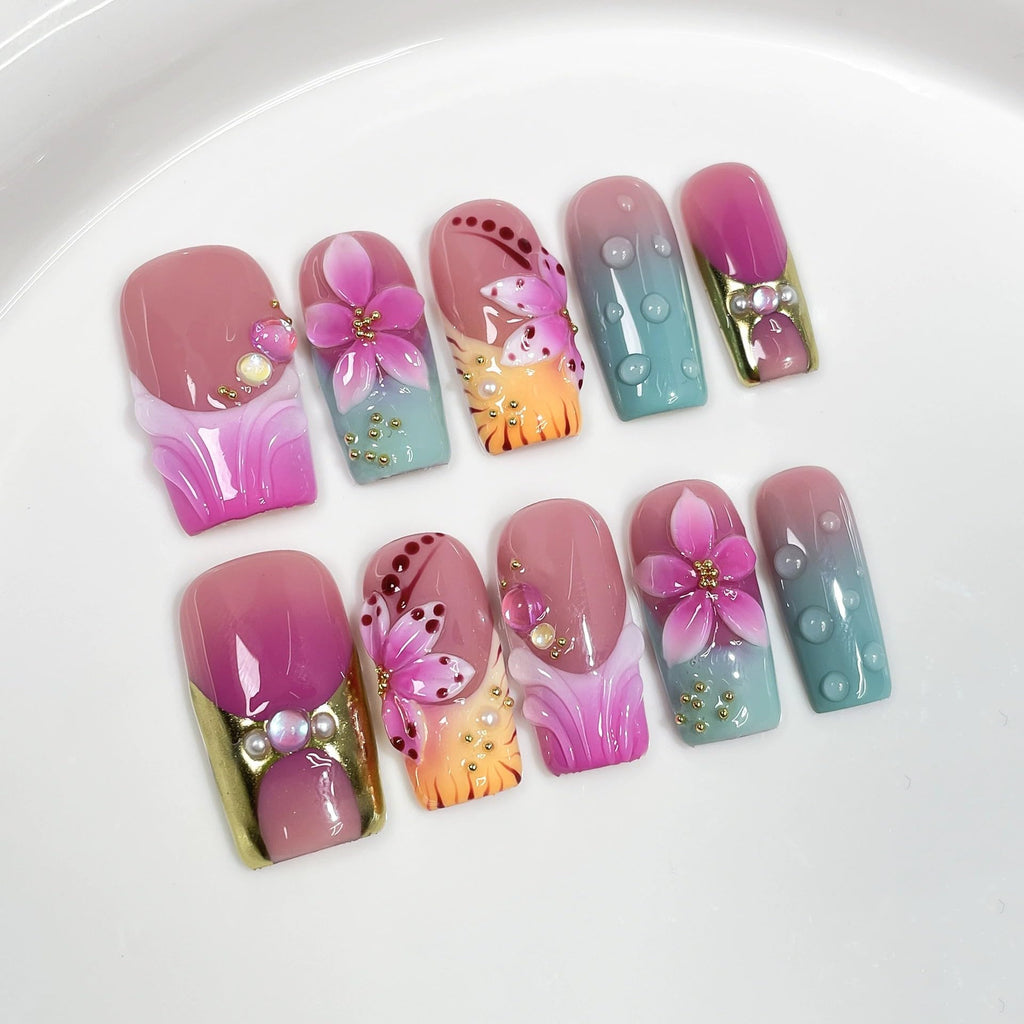 Qicaijia 10Pcs Medium Press-On Nails – 3D Flower Purple Ombre, Square Glossy False Nails