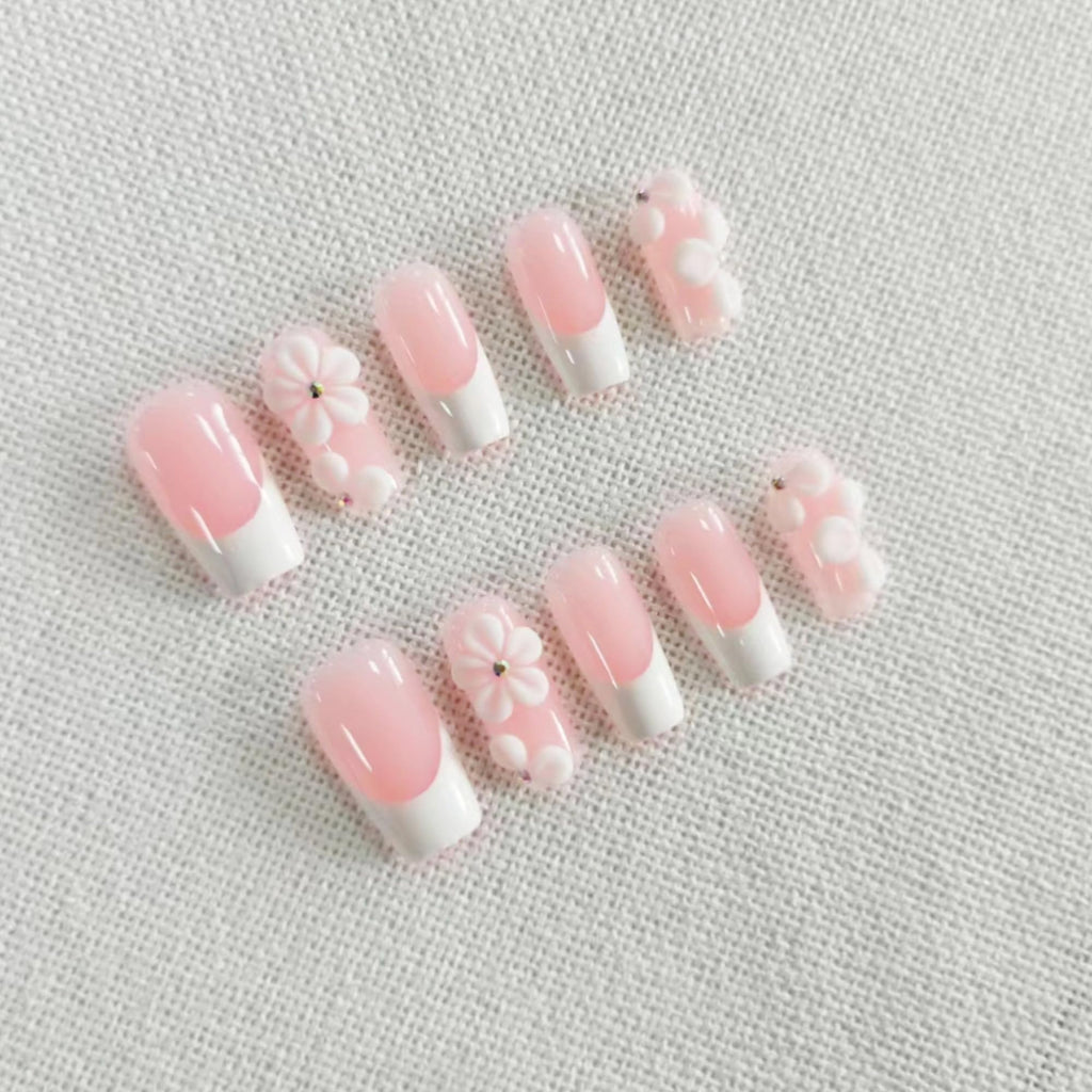 Qicaijia Luxury Press-On Nails – Medium Square, 3D Flower Embossed, White French Tip, 10Pcs (Size M)