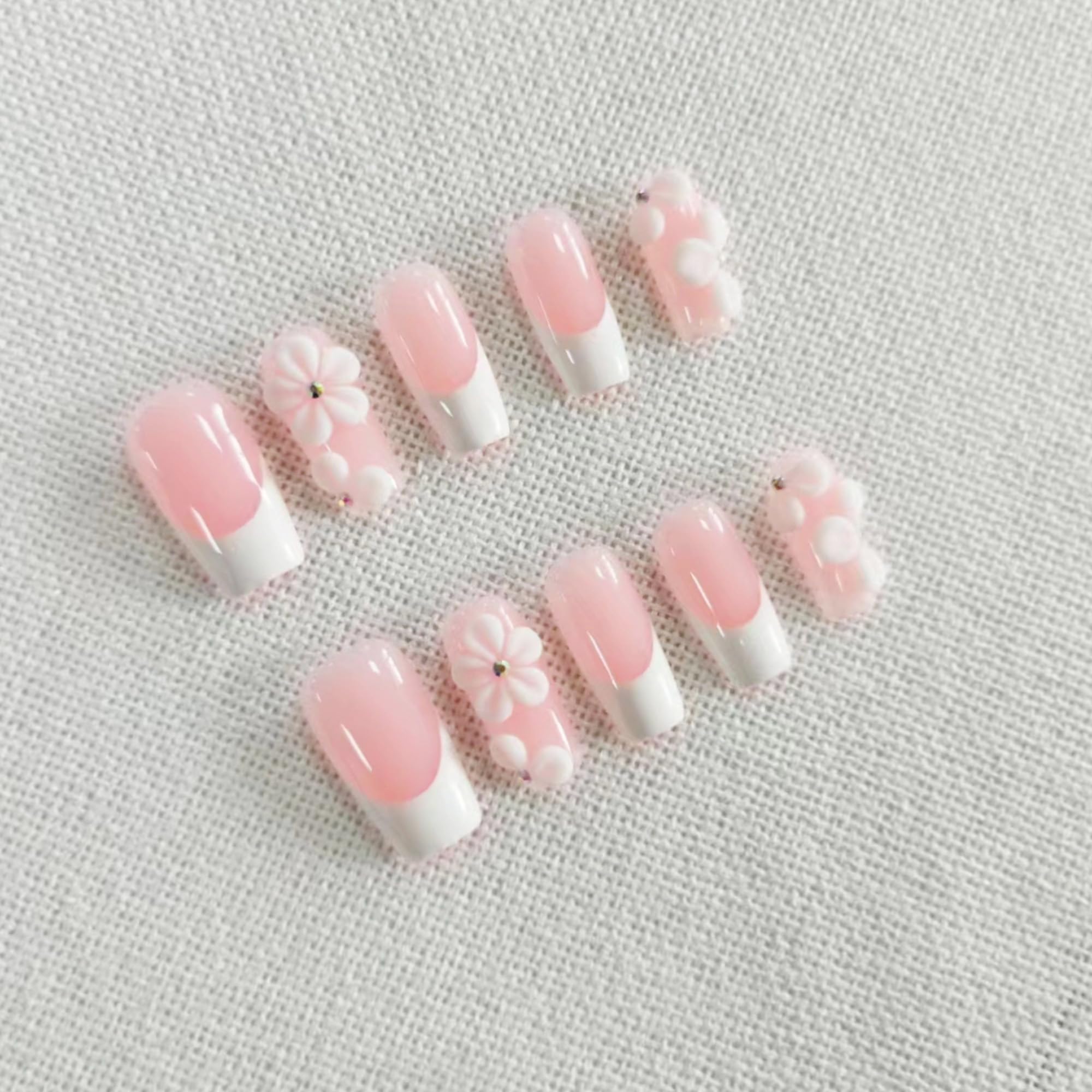 Qicaijia Luxury Press-On Nails – Medium Square, 3D Flower Embossed, White French Tip, 10Pcs (Size M)