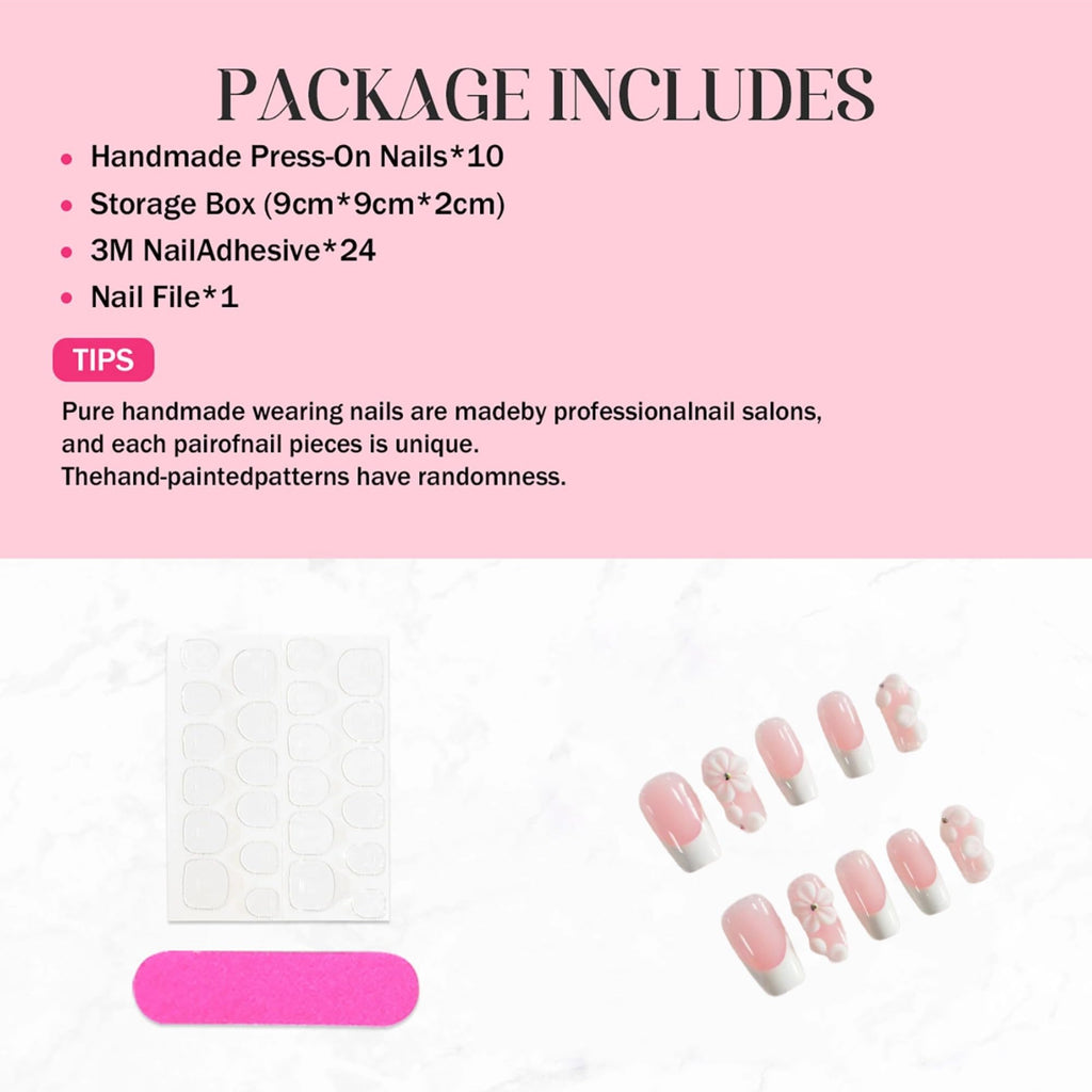 Qicaijia Luxury Press-On Nails – Medium Square, 3D Flower Embossed, White French Tip, 10Pcs (Size M)