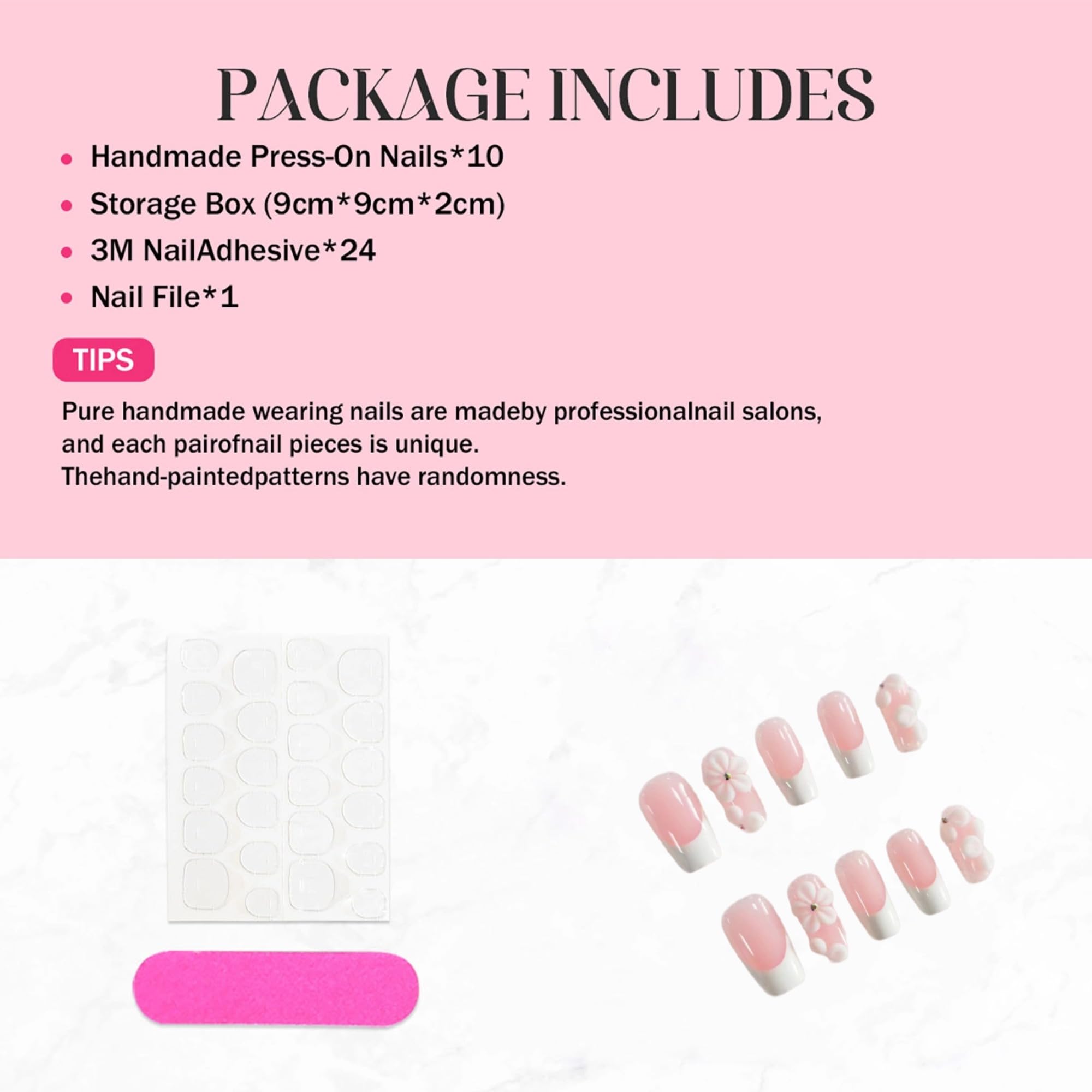Qicaijia Luxury Press-On Nails – Medium Square, 3D Flower Embossed, White French Tip, 10Pcs (Size M)