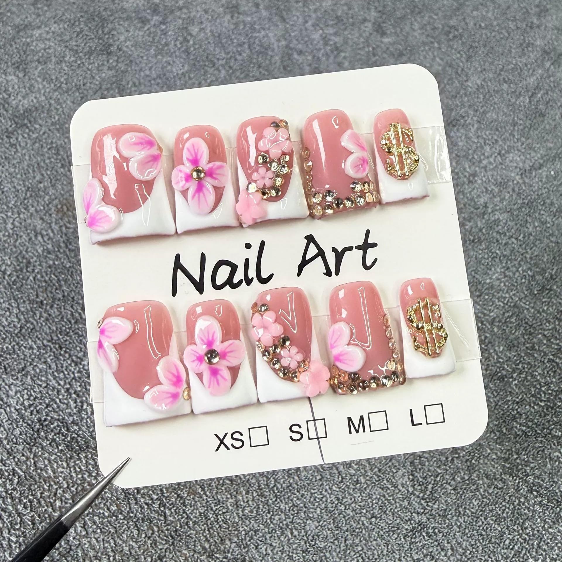 Qicaijia 10Pcs Duck Design Press-On Nails – White French Tips, 3D Flower Art, Reusable (Size M)