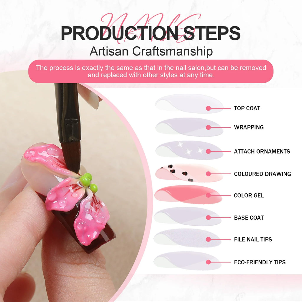 Qicaijia Luxury Press-On Nails – Medium Square, 3D Flower Embossed, White French Tip, 10Pcs (Size M)
