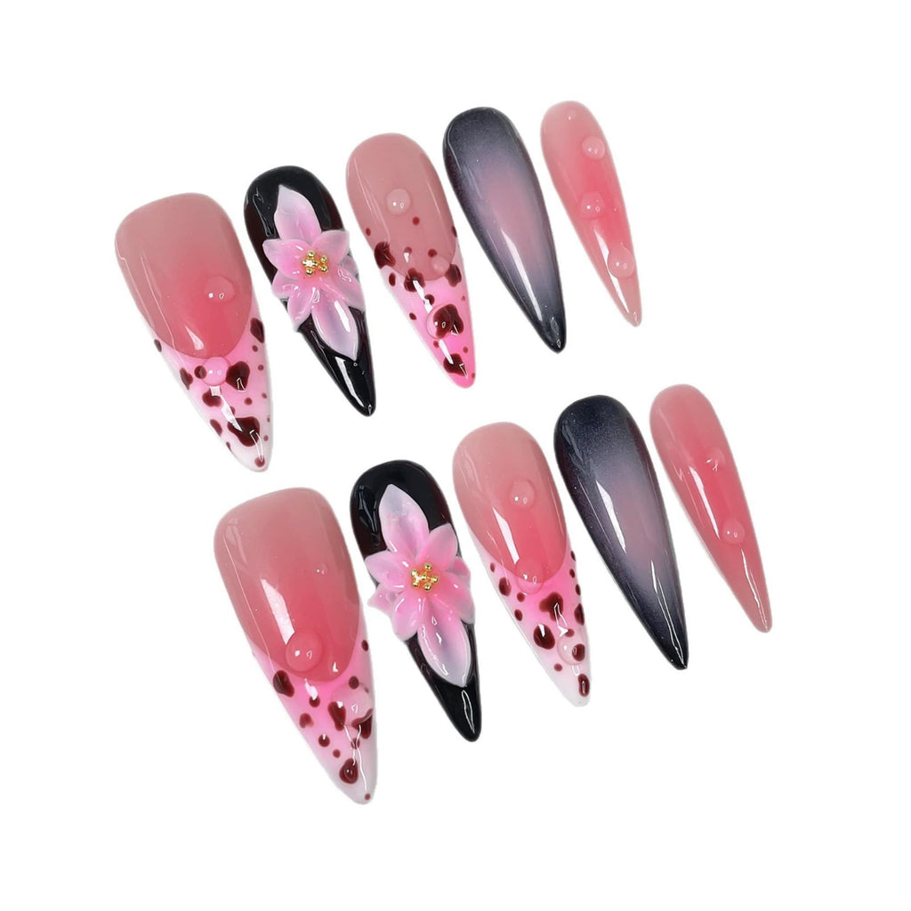 Qicaijia Handmade Almond Press On Nails – Pink Ombre French Tip with 3D Flowers (10Pcs, Size M)