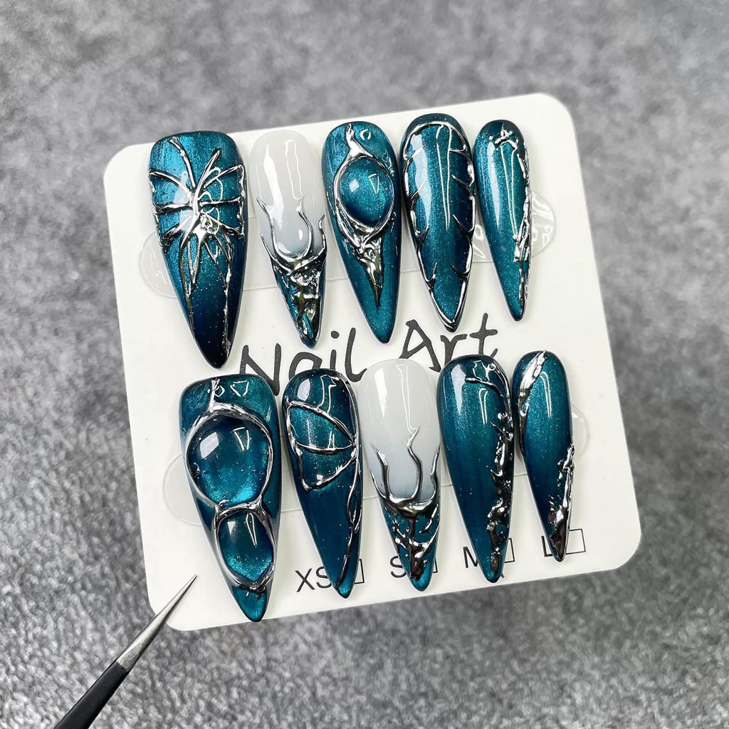 Qicaijia Handmade Long Press On Nails – Blue Cat's Eye Almond Full Cover (10Pcs, Size M)