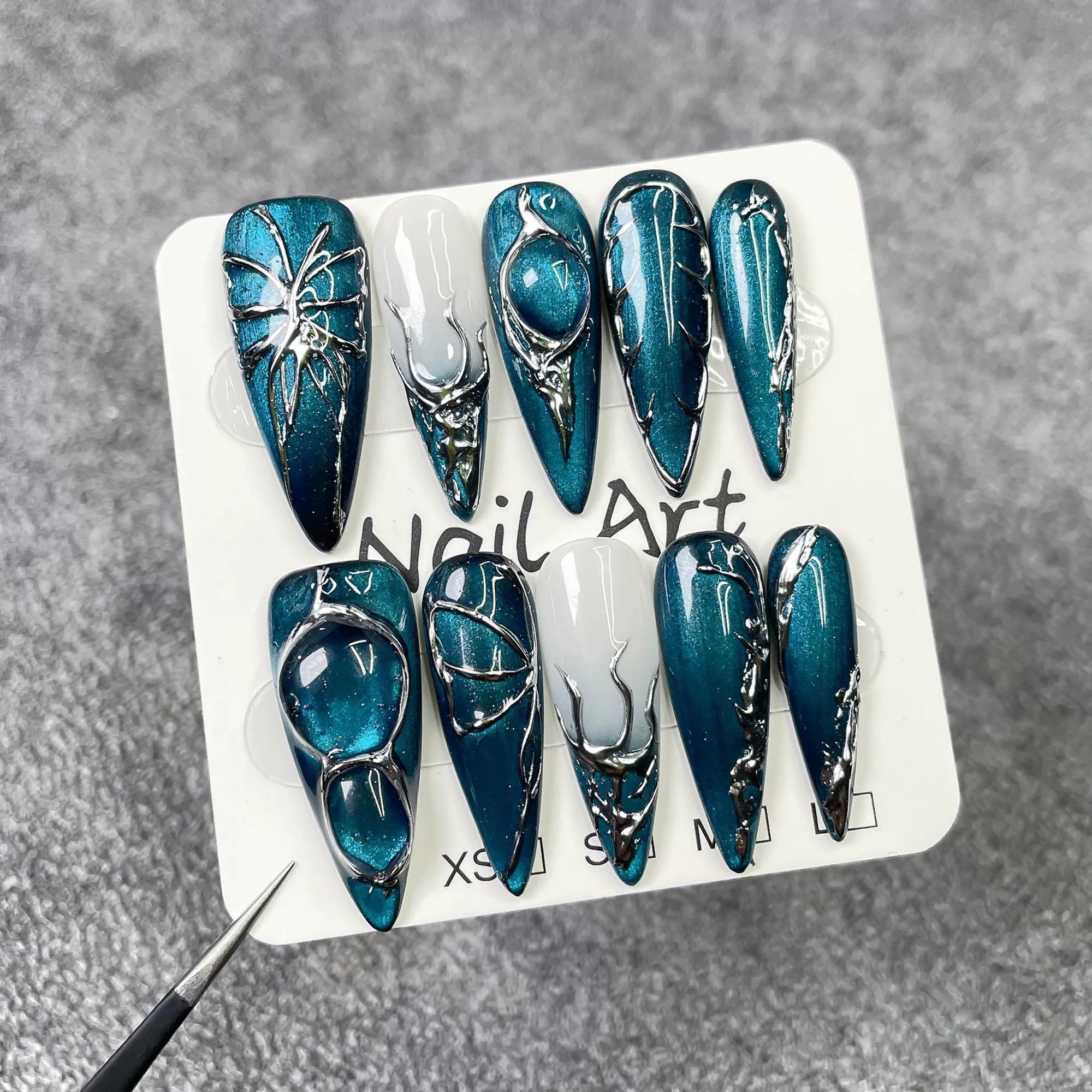 Qicaijia Handmade Long Press On Nails – Blue Cat's Eye Almond Full Cover (10Pcs, Size M)