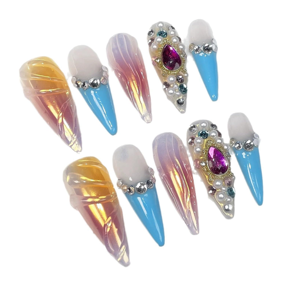 Qicaijia Luxury Handmade Press On Nails – Long Stiletto Ombre with 3D Rhinestones (10 Pcs, Size M)