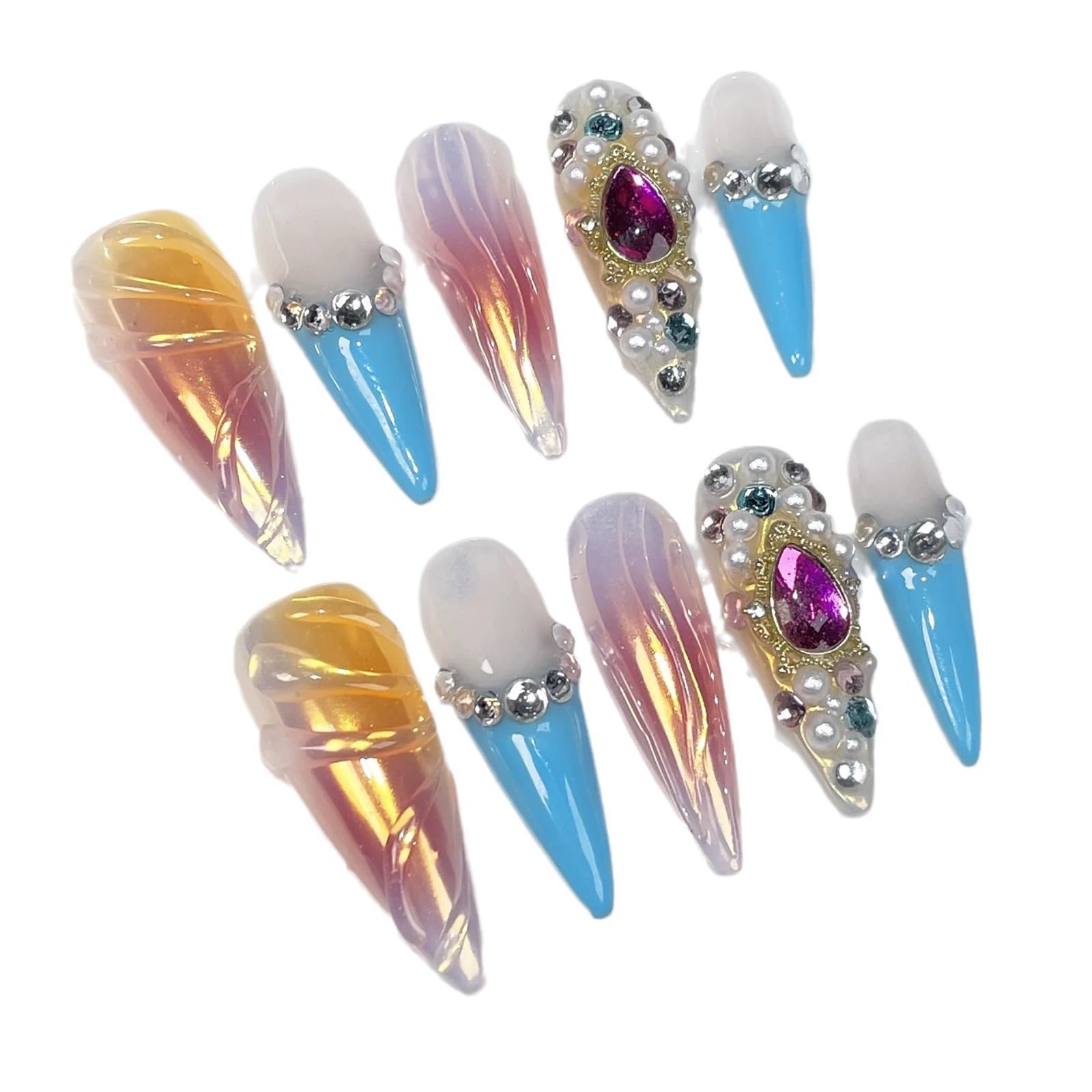 Qicaijia Luxury Handmade Press On Nails – Long Stiletto Ombre with 3D Rhinestones (10 Pcs, Size M)