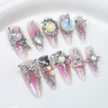 Qicaijia Handmade Press On Nails – Long Almond, 3D Metallic Butterfly, Pink Ombre (10Pcs, Size M)