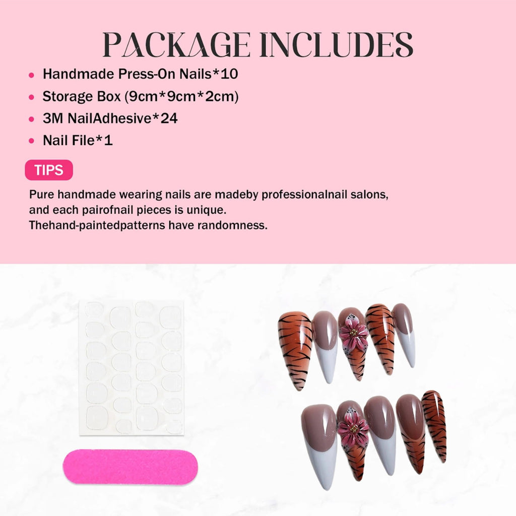 Qicaijia White French Tip Nails – Long Almond Press-On Nails with Leopard 3D Flower (10 Pcs, Size M)