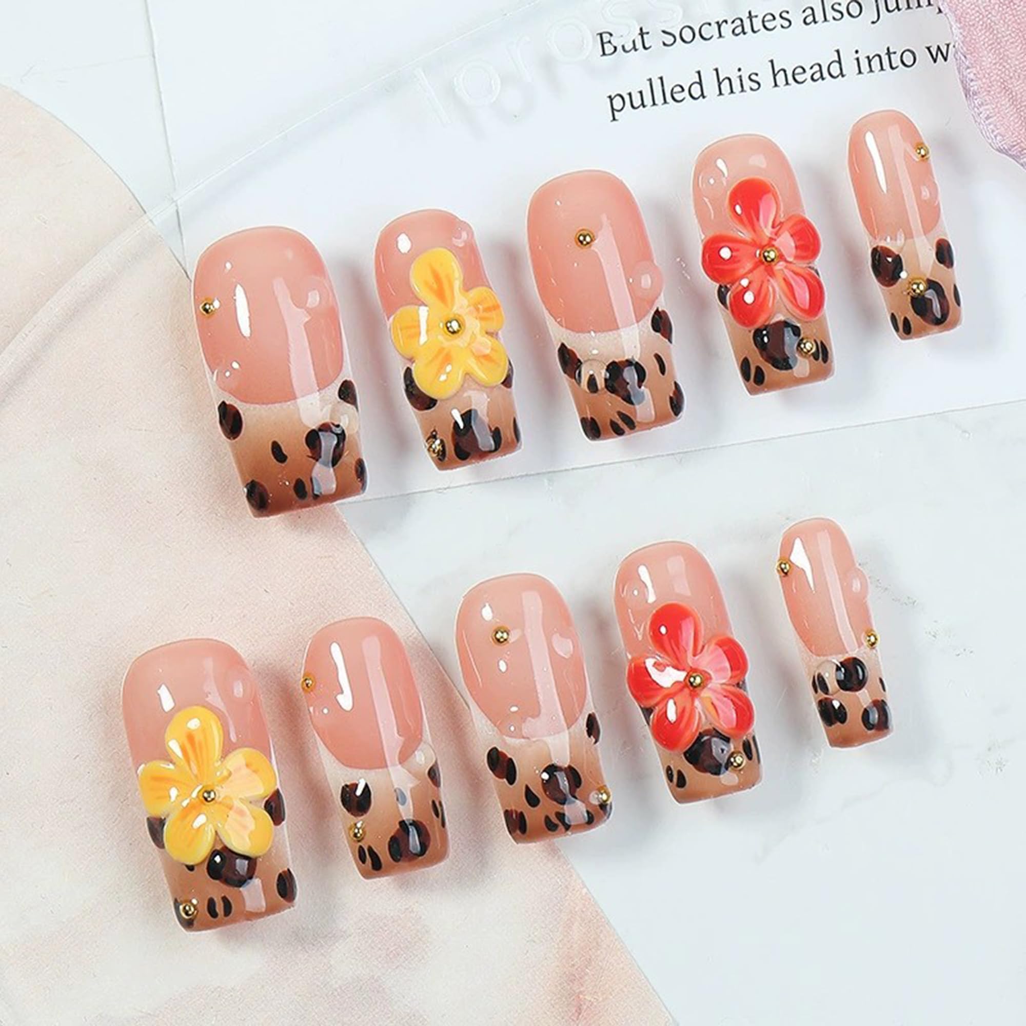 Qicaijia Medium Square Press-On Nails – Leopard Print French Tip with 3D Flower (Size M)