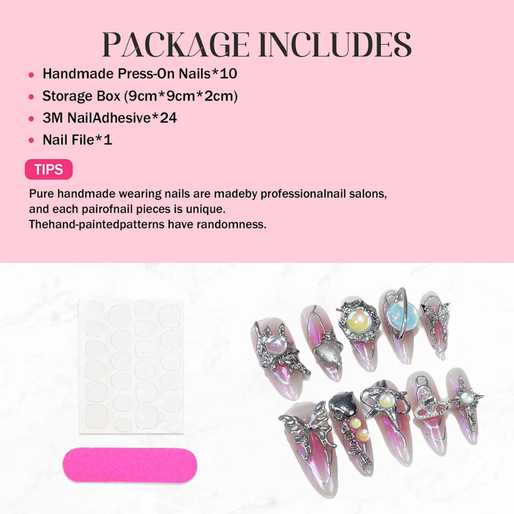 Qicaijia Handmade Press On Nails – Long Almond, 3D Metallic Butterfly, Pink Ombre (10Pcs, Size M)