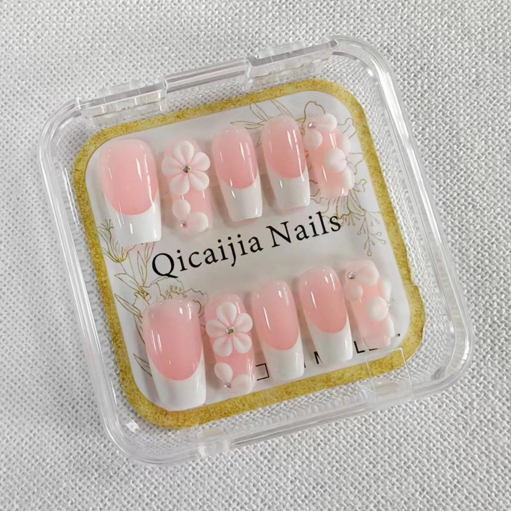 Qicaijia Luxury Press-On Nails – Medium Square, 3D Flower Embossed, White French Tip, 10Pcs (Size M)
