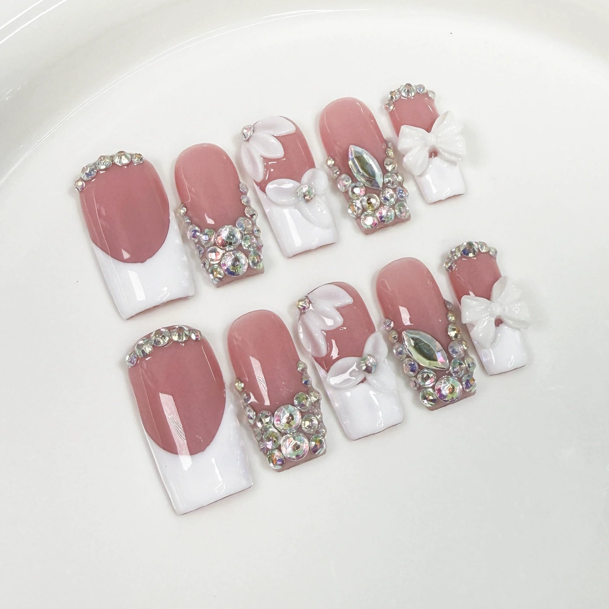 Qicaijia Luxury Rhinestone Nails – Medium Square Press-On, 3D Flower Art, White French (10Pcs, Size M)