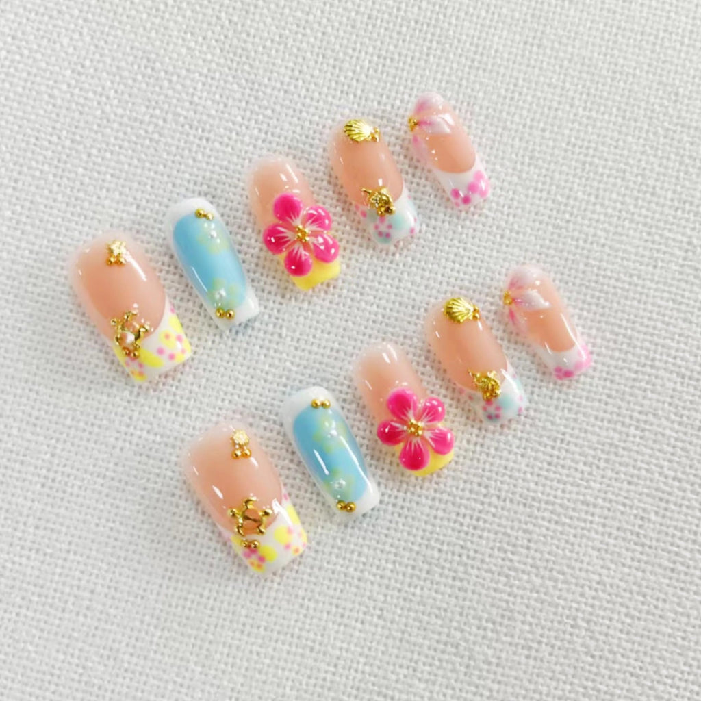 Qicaijia Handmade Medium Press On Nails – 3D Flower, Luxury French Tip, Size M (10Pcs)