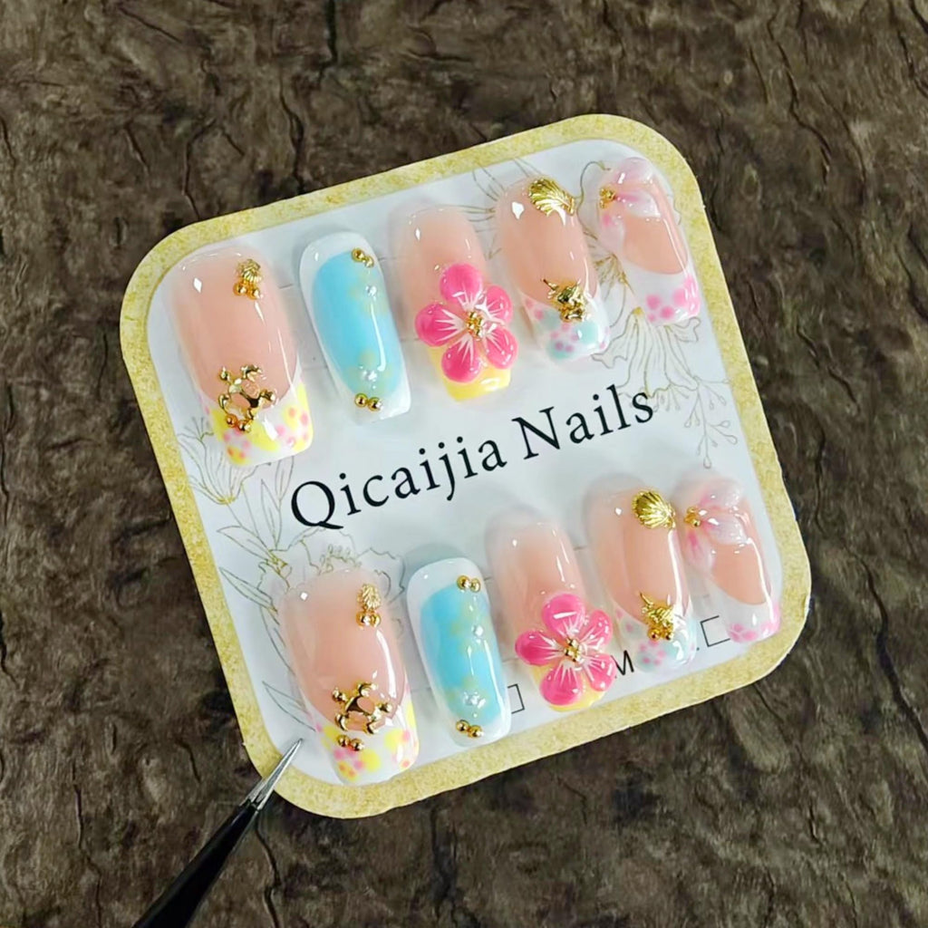 Qicaijia Handmade Medium Press On Nails – 3D Flower, Luxury French Tip, Size M (10Pcs)