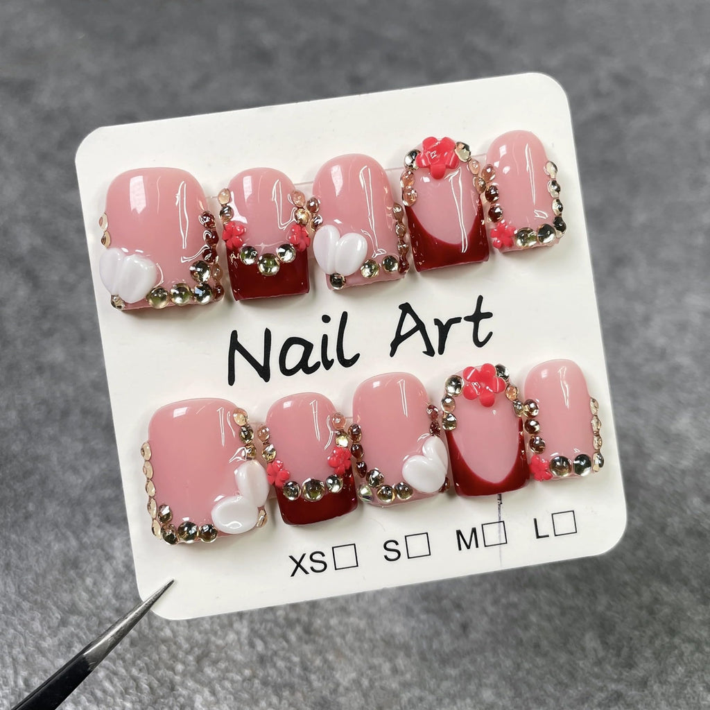 Qicaijia Short Press On Nails Square – 3D Rhinestone Luxury Full Cover Nails (10Pcs, Size M)