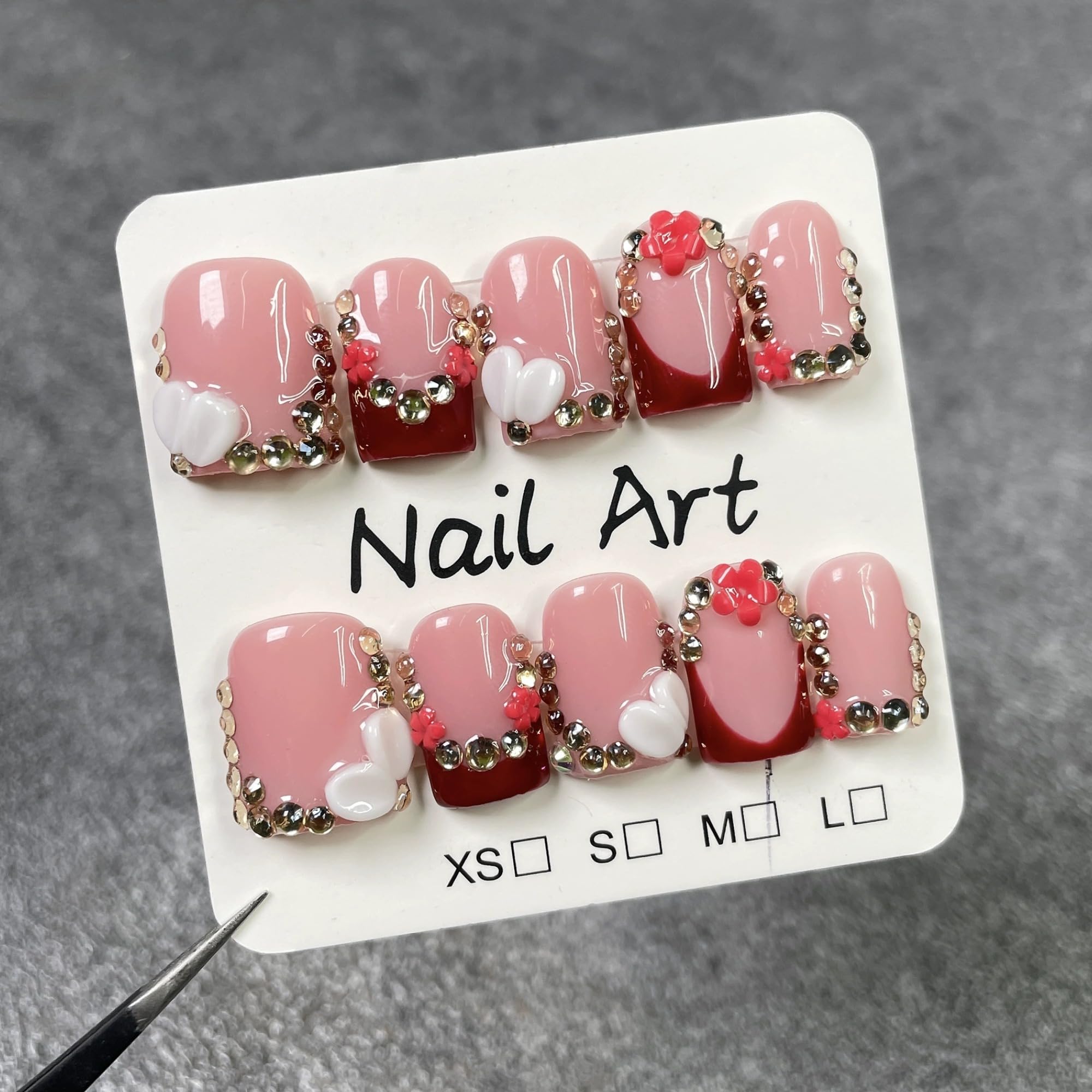 Qicaijia Short Press On Nails Square – 3D Rhinestone Luxury Full Cover Nails (10Pcs, Size M)