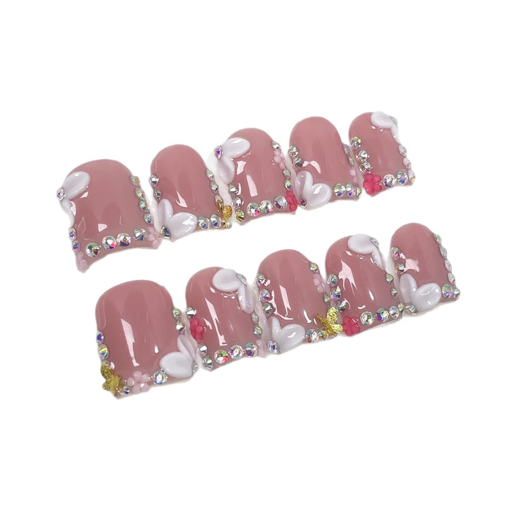 Qicaijia 10Pcs Luxury Handmade Press-On Nails – Short Square 3D Floral (Size M)