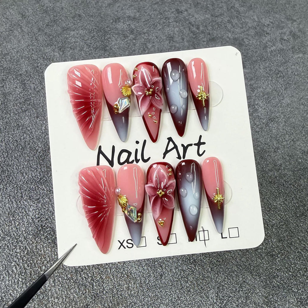 Qicaijia Handmade Press-On Nails — Long Almond, 3D Flower Art, Ombre French Tip (10Pcs, Size M)