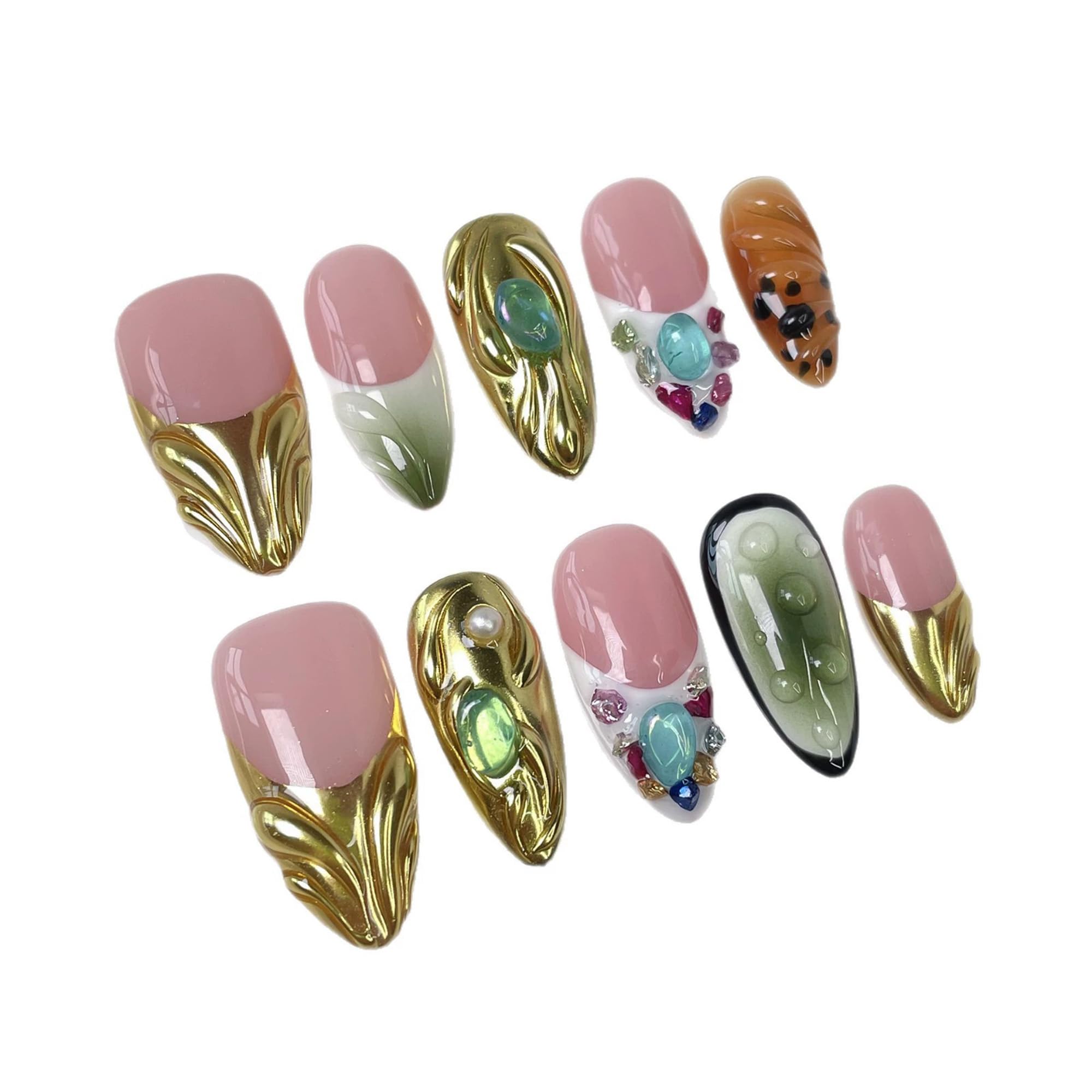 Qicaijia Almond Press-On Nails – Short, 3D Rhinestones, Gold Sparkle, Size M