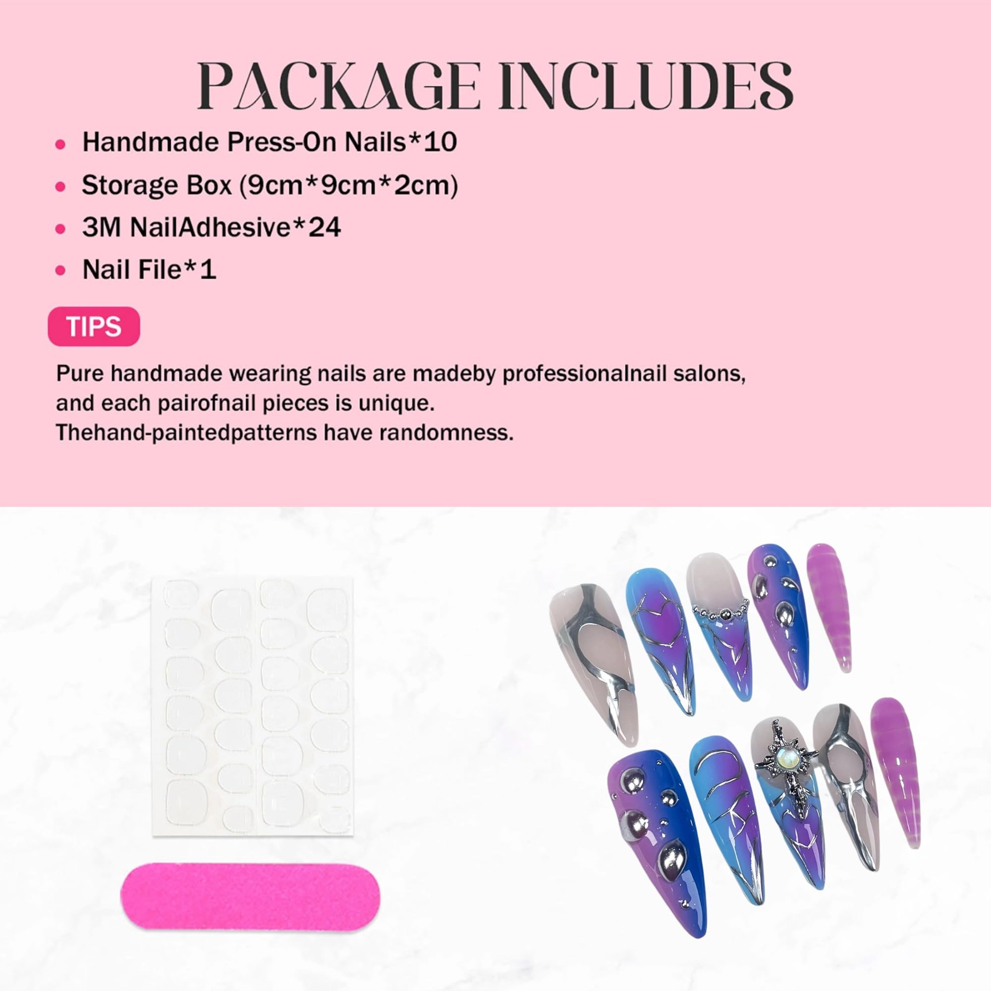Qicaijia 10Pcs Blue Handmade Almond Press-On Nails – Ombre 3D Swirl Charms
