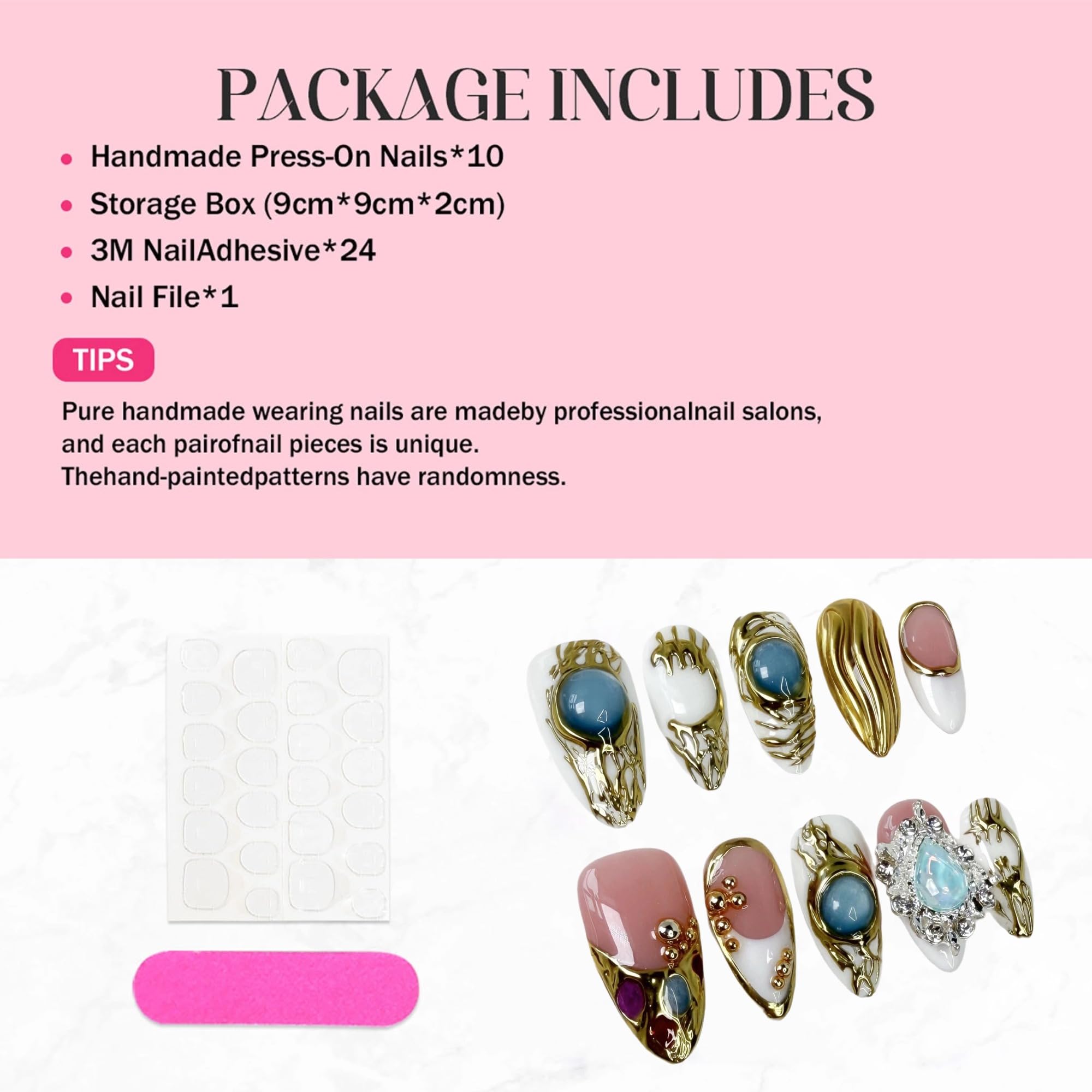 Qicaijia Handmade Almond Nails – White French Tip Short Press-On with Gold Embossed 3D Swirls & Charms