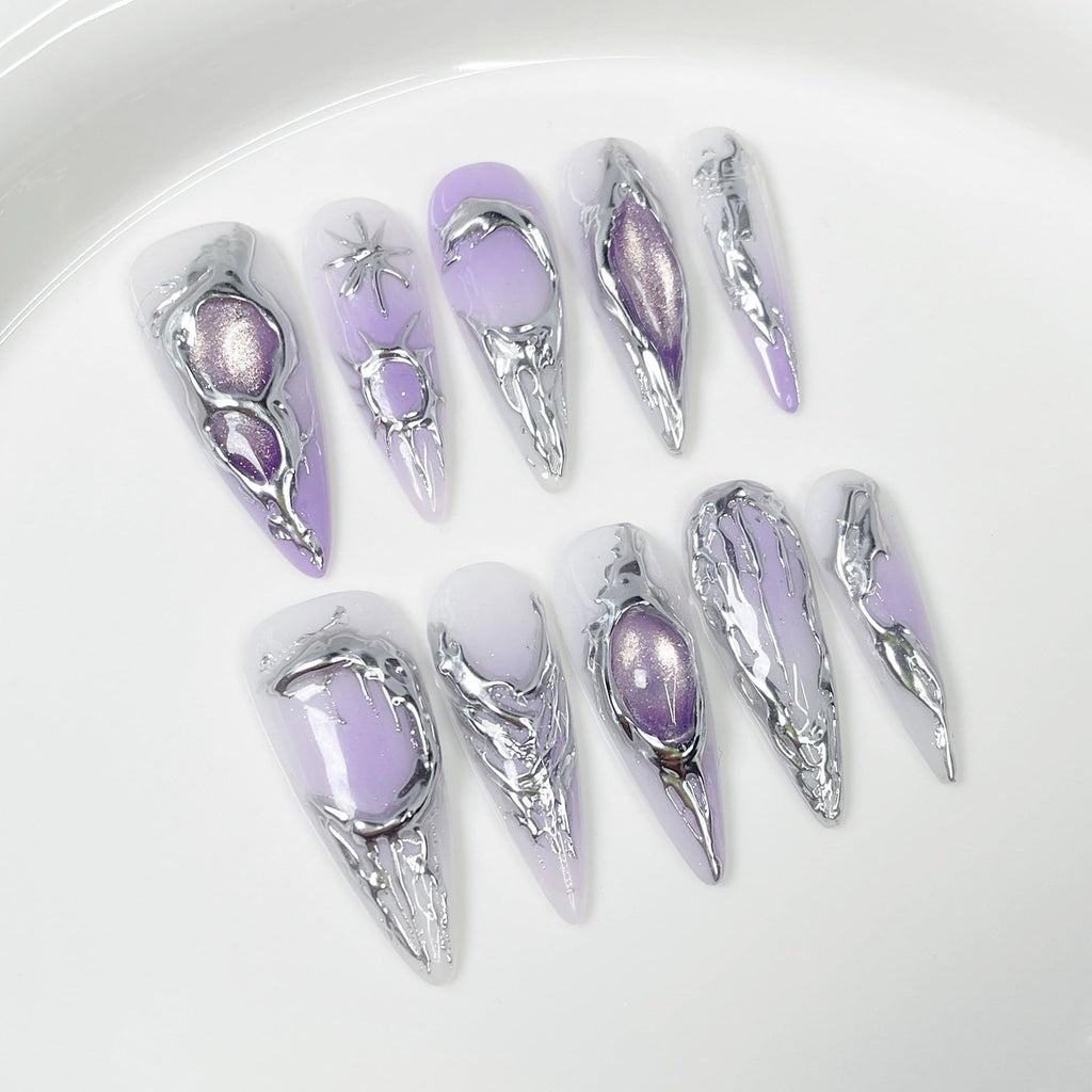 Qicaijia Purple Gradient Press On Nails – Almond Long, 3D Cat’s Eye (10Pcs)