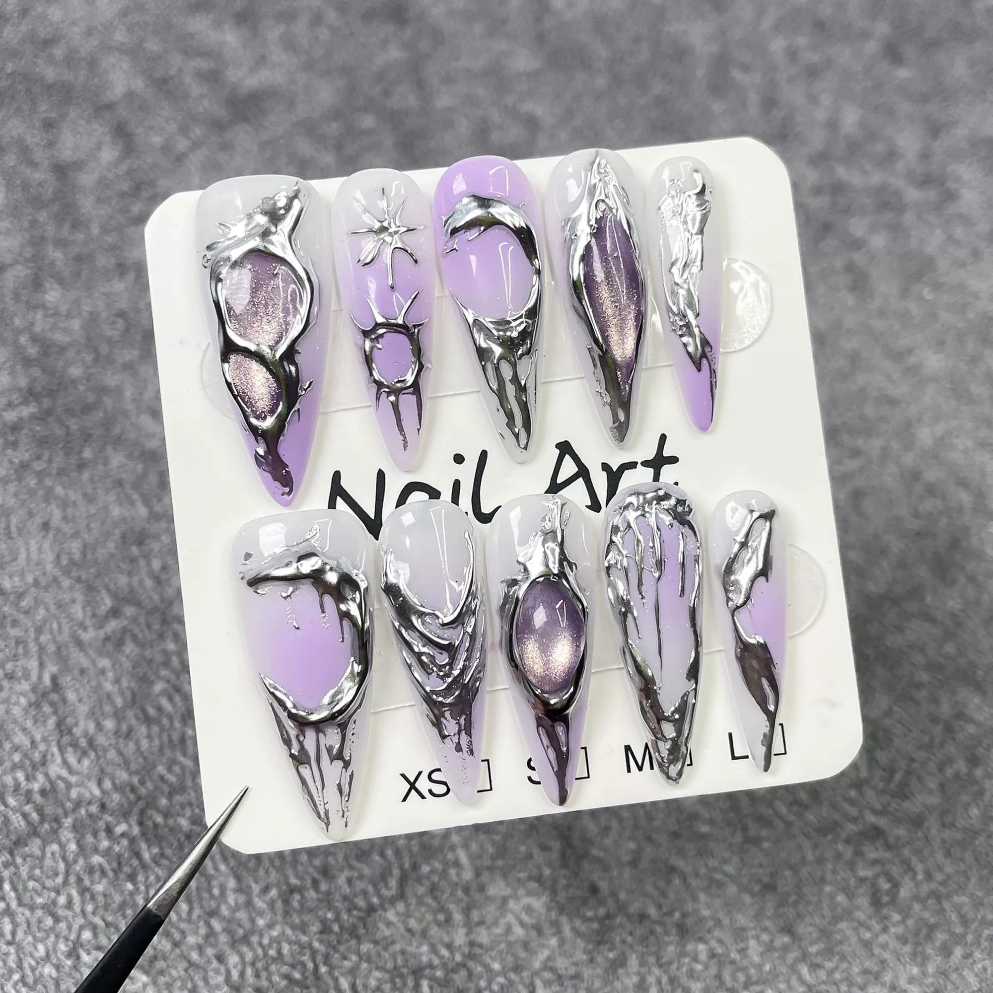 Qicaijia Purple Gradient Press On Nails – Almond Long, 3D Cat’s Eye (10Pcs)