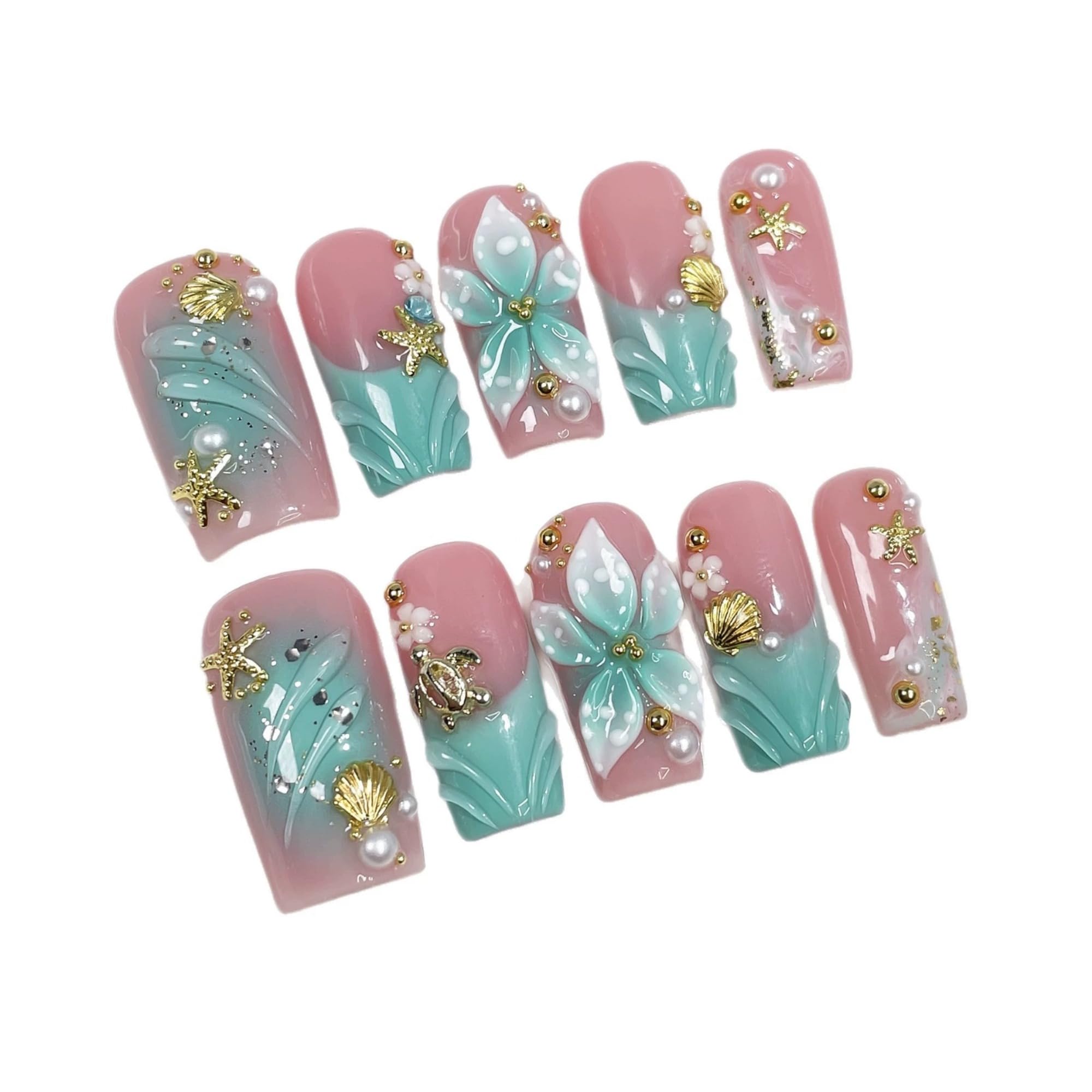 Qicaijia Luxury Handmade Press-On Nails – Blue French Ombre with 3D Flower Art, Size M, 10 Pcs