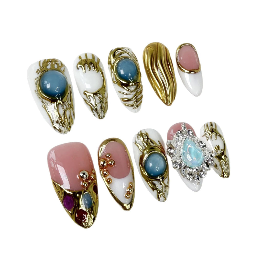 Qicaijia Handmade Almond Nails – White French Tip Short Press-On with Gold Embossed 3D Swirls & Charms