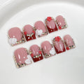 Qicaijia Short Press On Nails Square – 3D Rhinestone Luxury Full Cover Nails (10Pcs, Size M)